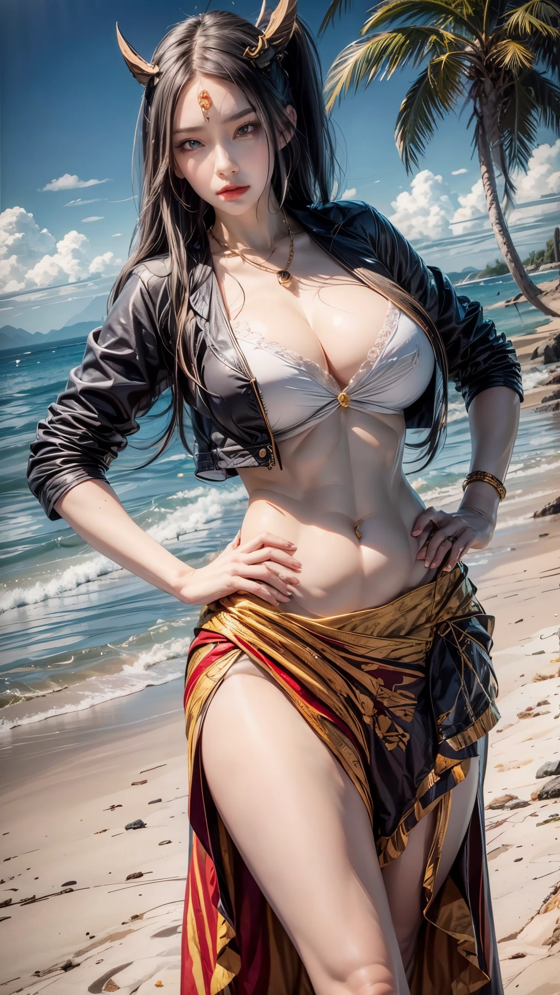 realistic, 1girls, best quality, 12k, HD, long hair, big round breasts, cleavage, ponytail, necklace, jewelry, shorts, short jacket, slim hips, hair tie, yellow eyes, black hair, super detailed, Detail eyes, hair details, person details, mouth details, face details, breast details, clothes details, hair details, pants details, hand details, whole body