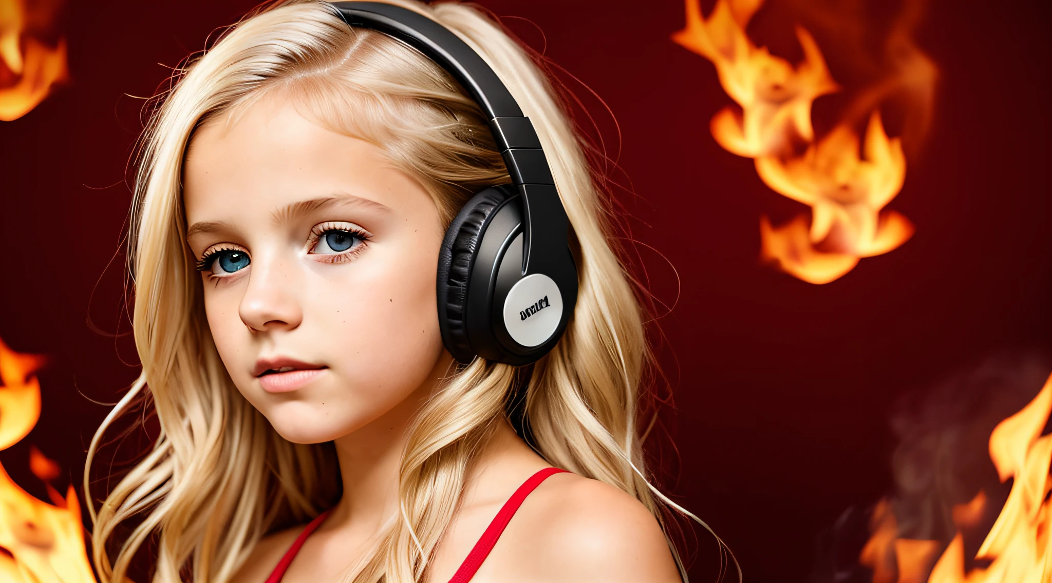  girl BLONDE CHILD, golden eyes, platinum haired girl, there is a woman with headphones and a red background, on fire, flames in the background, flames surround her, fire and flames and smoke, portrait shot, promotional art, red flames in the background, background art, wearing tumultuous flames, flames in the background, closeup portrait photo, Girl wearing headphones, loud music, hair made of fire, music, fiery atmosphere