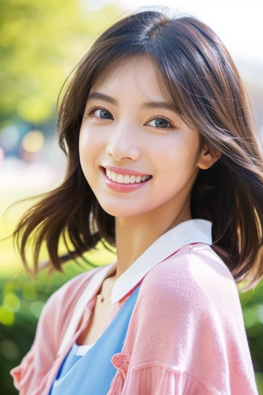 beautiful woman with good eyes and nose、Beautiful as a model、Cute like a model、Eyes are double、Usage of regular mascara、Eye color blue、Hair color pink、Her face is delicate and classy.、imagem 4k、Beautiful style like a model、Ordinary big、A refreshing and lovely smile、Yellow blouse、plain yellow miniskirt、University campus on a sunny day、Pose like a model、Overall portrait、Snapshots、Grab your second bag、Beautiful face、Bright smile、Best Quality、masuter piece、