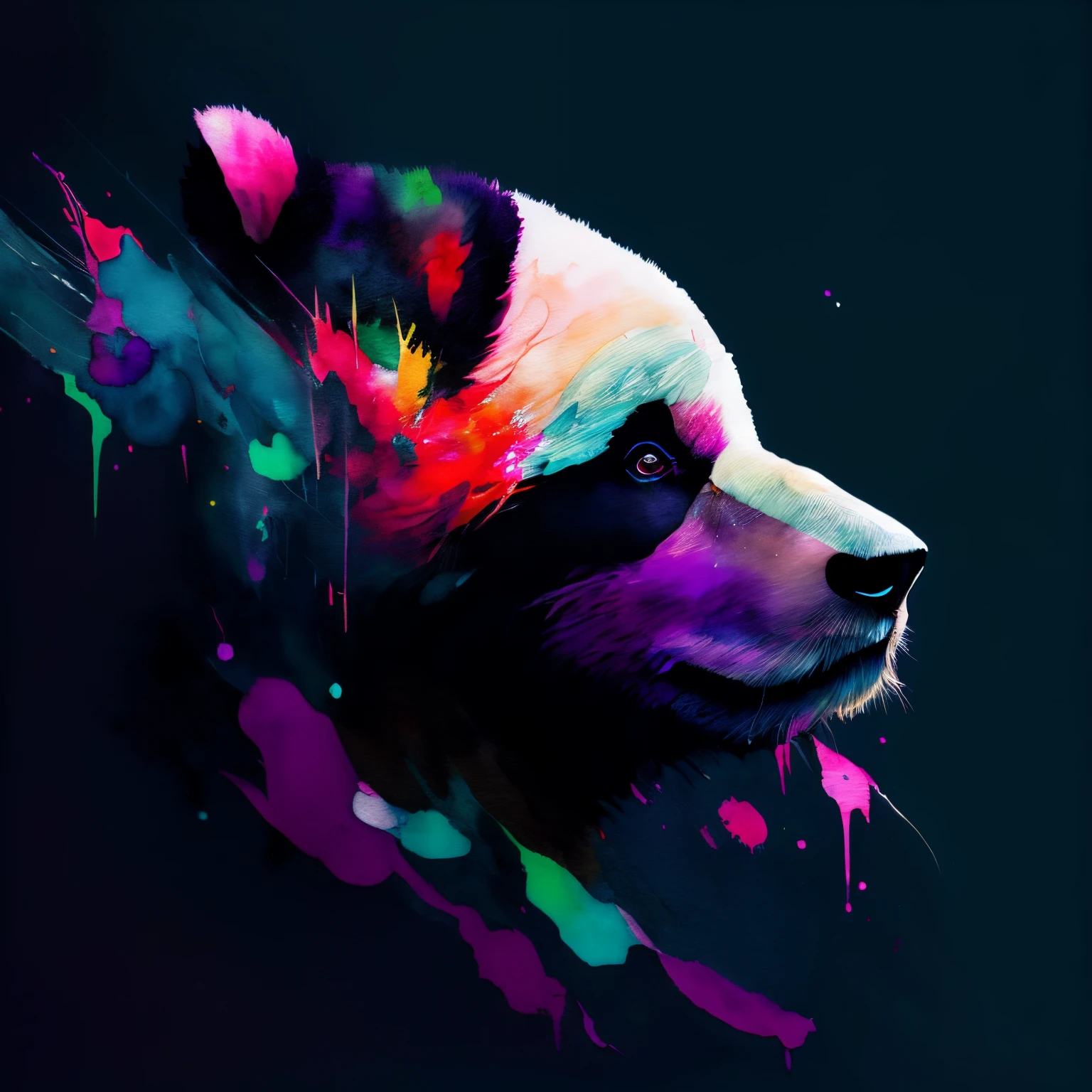wtrcolor style, Digital art of a panda, spectacular, colourful,
 official art, masterpiece, Beautiful, ((watercolor)), paint splatter, intricate details. Highly detailed, detailed, [dripping:0.5], Trending on artstation, by Rachel Walker, looking like a real painting, centered, frontal, animal, vibrant colours, detailed eyes, paint dripping, black canvas, centered, brush strokes, looking straight in the camera, extra paint splatters, facing the front, a lot of paint dripping