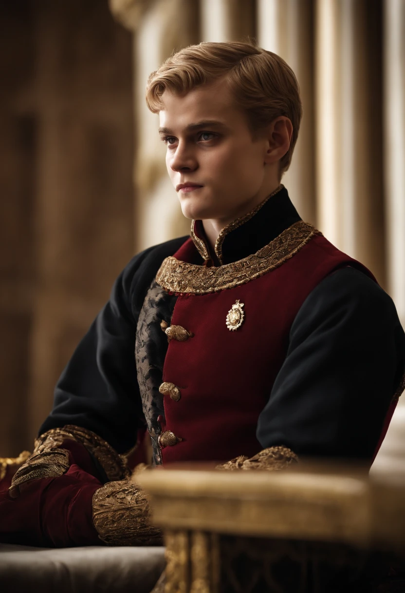 A video of Joffrey challenging his subjects to a brutal game of wits and consequences.,Game of Thrones TV series,Joffrey Baratheon, a character from “Game of Thrones,” presents with the fair-haired, aristocratic looks typical of the Lannister lineage, often displaying a smug, self-satisfied expression that mirrors his entitled demeanor. His youthful appearance is contrasted by a cold, sneering countenance, and he is usually adorned in lavish, regal attire befitting his status as a prince and later a king.