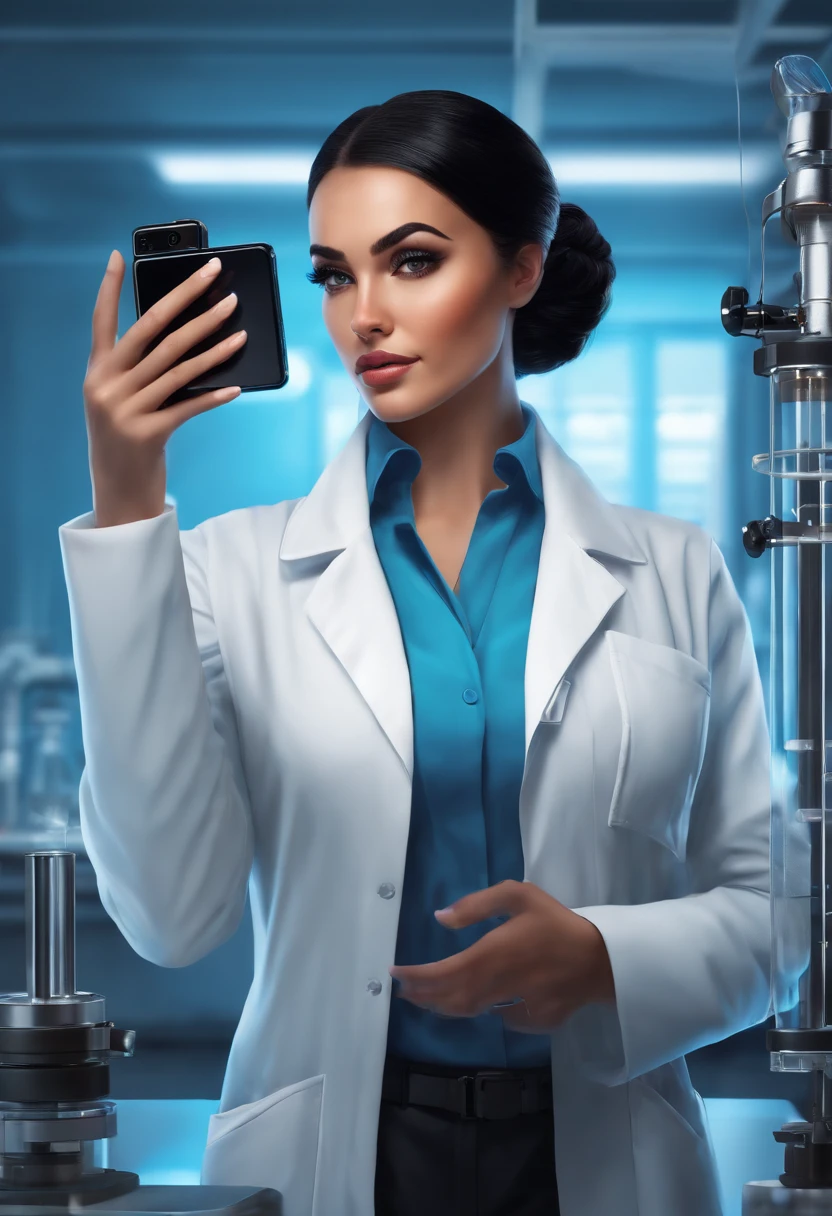 A selfie of me in a lab coat, observing a high-tech experiment in progress.,original,Madison Kane is a tall woman with jet black hair in a ponytail, and piercing blue eyes. Her skin is a fairer tone, and flawless.