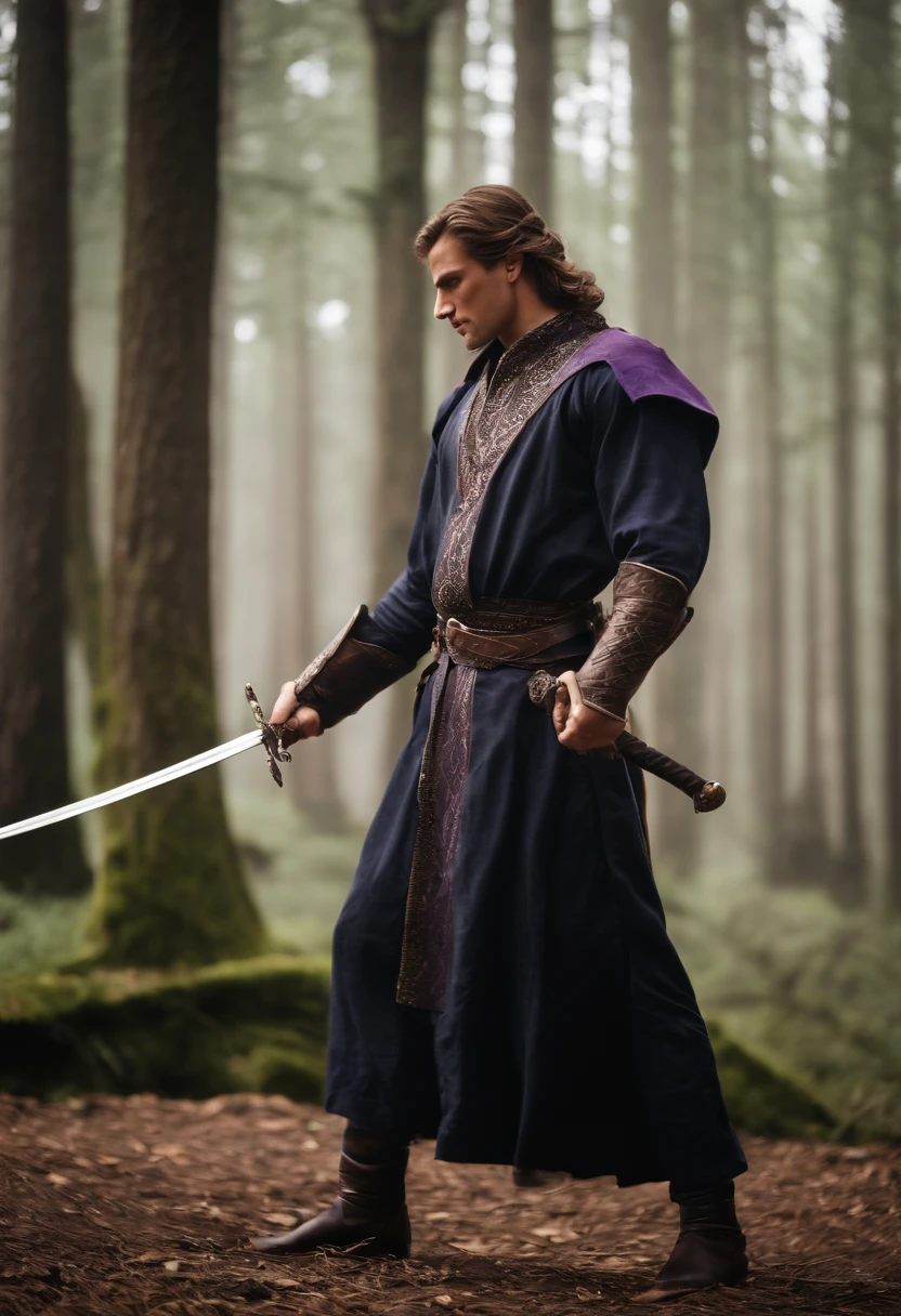 A candid shot of the character engaging in a heated sword training session with a skilled sparring partner, their blades clashing in a flurry of movement.,Dance of the Dragons,[Hair=Long, straight, platinum, silver. Facial features=strong and prominent jawline, straight nose, full lips with defined cupids bow, one violet eye (right), scar from left eyebrow to left cheekbone, missing left eye replaced by blue sapphire. Body=Tall, lithe, defined muscles, broad shoulders and chest, long torso, small waist, long legs, tight round arse, long thick uncircumcised cock. Hands=Large, veiny, long elegant fingers. Appearance=medieval regal attire, expensive fabrics, impeccable taste, wears dark colours, casual attire only in private, wears a leather eyepatch over left eye.]
