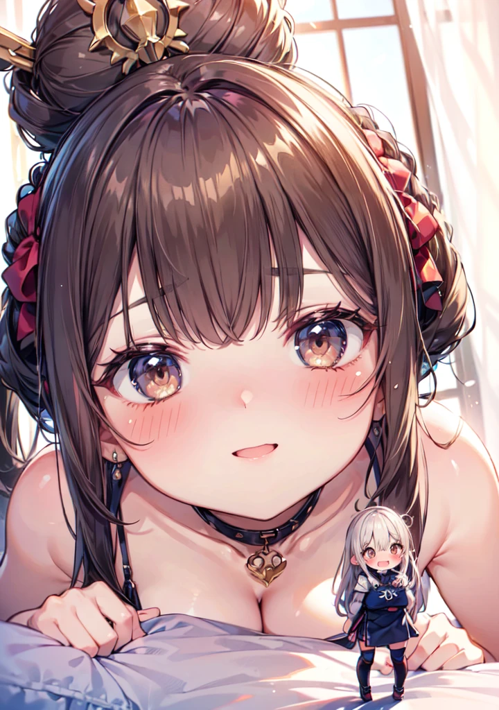 (2girls:1.3), (giantess:1.2), (height_difference:1.5), (size_difference:1.3), theme-castle, minigirl on a bed in front of the ass of a giantess, a minigirl on a bed in front of the ass of a giantess
a giantess, blunt bangs, brown_skinned, :3, angry, breasts, happy, naked, below view, from below, cleavage, laying down, sitting, back of head, backside, (blanket:1.2),
AND (minigirl:1.7) long hair, (rear_end closeup: 1.4), (A high resolution,ultra-delicate,best quality, masterpiece, Best quality at best), NFSW, absurderes, high resolution, ((best quality)), ((ultra-detailed)), beautiful face, (shiny_skin:1.2)
