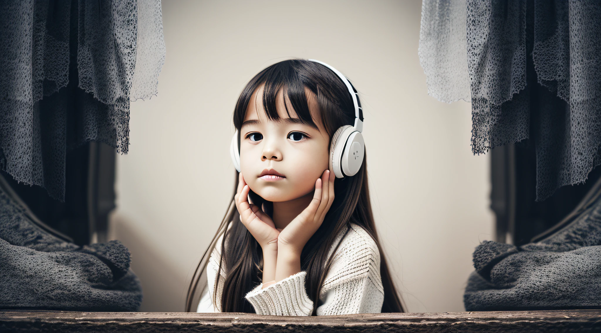 CHILD girl with long hair wearing a white sweater and muffled black ears.