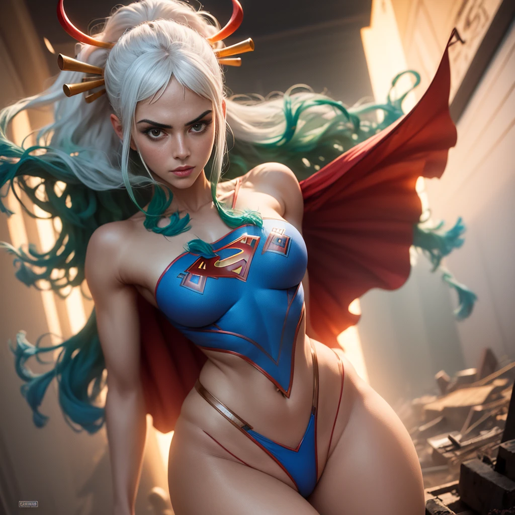 Supergirl, 1girl, Very detailed, rosto detalhado, (Demon girl) Perfect and symmetrical body proportions, 4k, imagem ultra realista, blue swimsuit, capa vermelha, S do super-homem, super sexy, with a symmetrical and perfect body, peitos grandes, com decote, Cabelos brancos com as pontas verdes claras Longos, cinematographic scene, great lighting, Foto real, foto de dia, Wrecked City, heroic pose