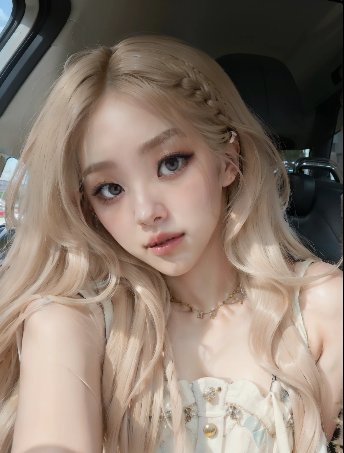 Mujer de pelo rubio con pelo largo sentada en un coche., cara extremadamente hermosa, cara muy bonita, Cara perfecta ), Cabello largo y rubio y ojos grandes, Cara delicada y encantadora, pale, shiny skin, Hermosa modelo joven, Cabello largo y rubio y ojos grandes, pale skin curly blond hair, natural soft pale skin, hermosa chica rubia, cabello rubio y ojos grandes, 2 4 year old female model