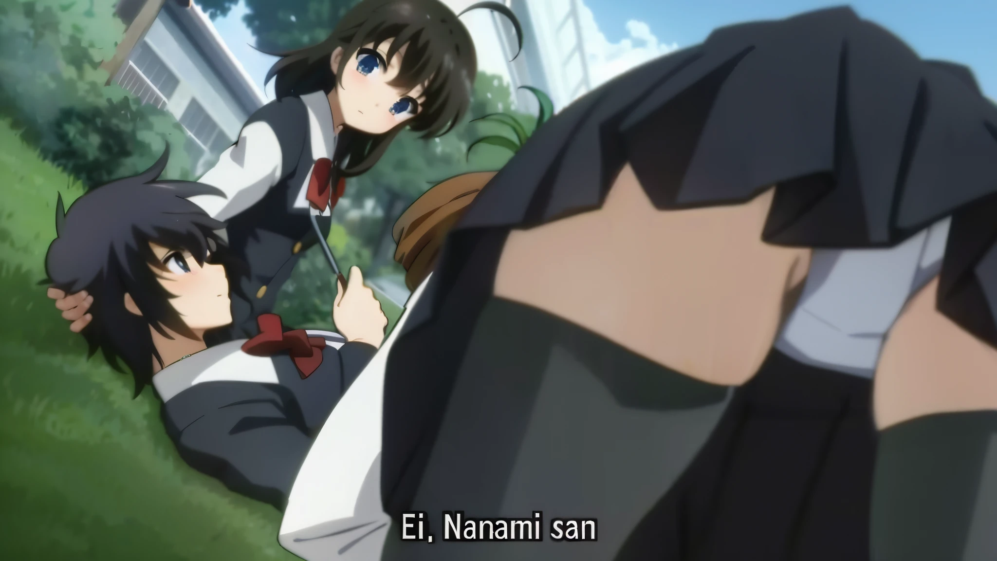 personagens de anime em um campo com uma casa ao fundo, Close Up Iwakura Lain, Iwakura Lain, Close up de Lain Iwakura, screencap anime, Abertura do anime, captura de tela do anime, Haruhi Suzumiya, Close up de Iwakura Lain, em um anime, Estilo de Tsubasa Nakai, anime ainda frame, Clannad