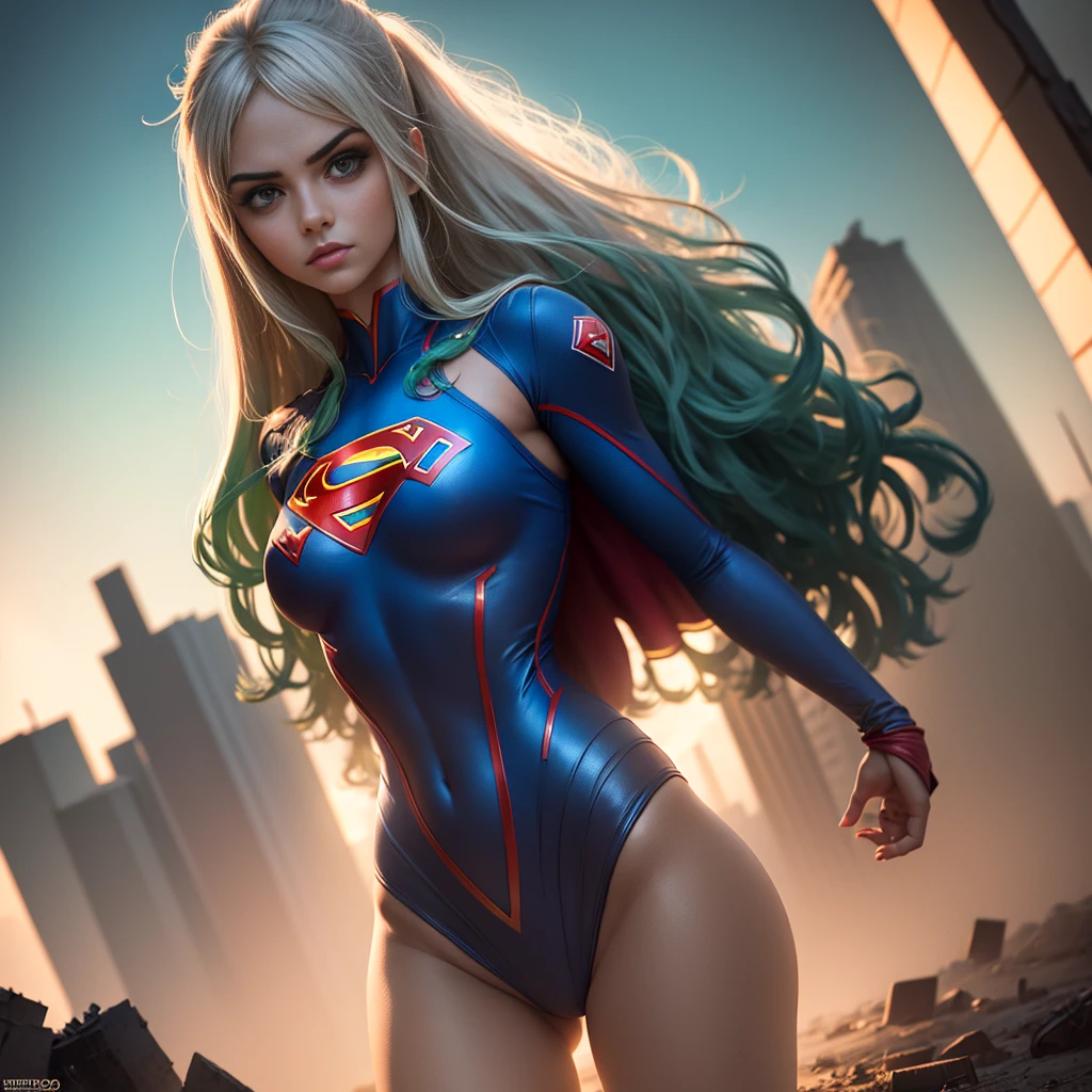 Supergirl, 1girl, Very detailed, rosto detalhado, (Demon girl) Perfect and symmetrical body proportions, 4k, imagem ultra realista, blue swimsuit, capa vermelha, S do super-homem, super sexy, with a symmetrical and perfect body, peitos grandes, com decote, Cabelos brancos com as pontas verdes claras Longos, cinematographic scene, great lighting, Foto real, foto de dia,  Wrecked City, heroic pose