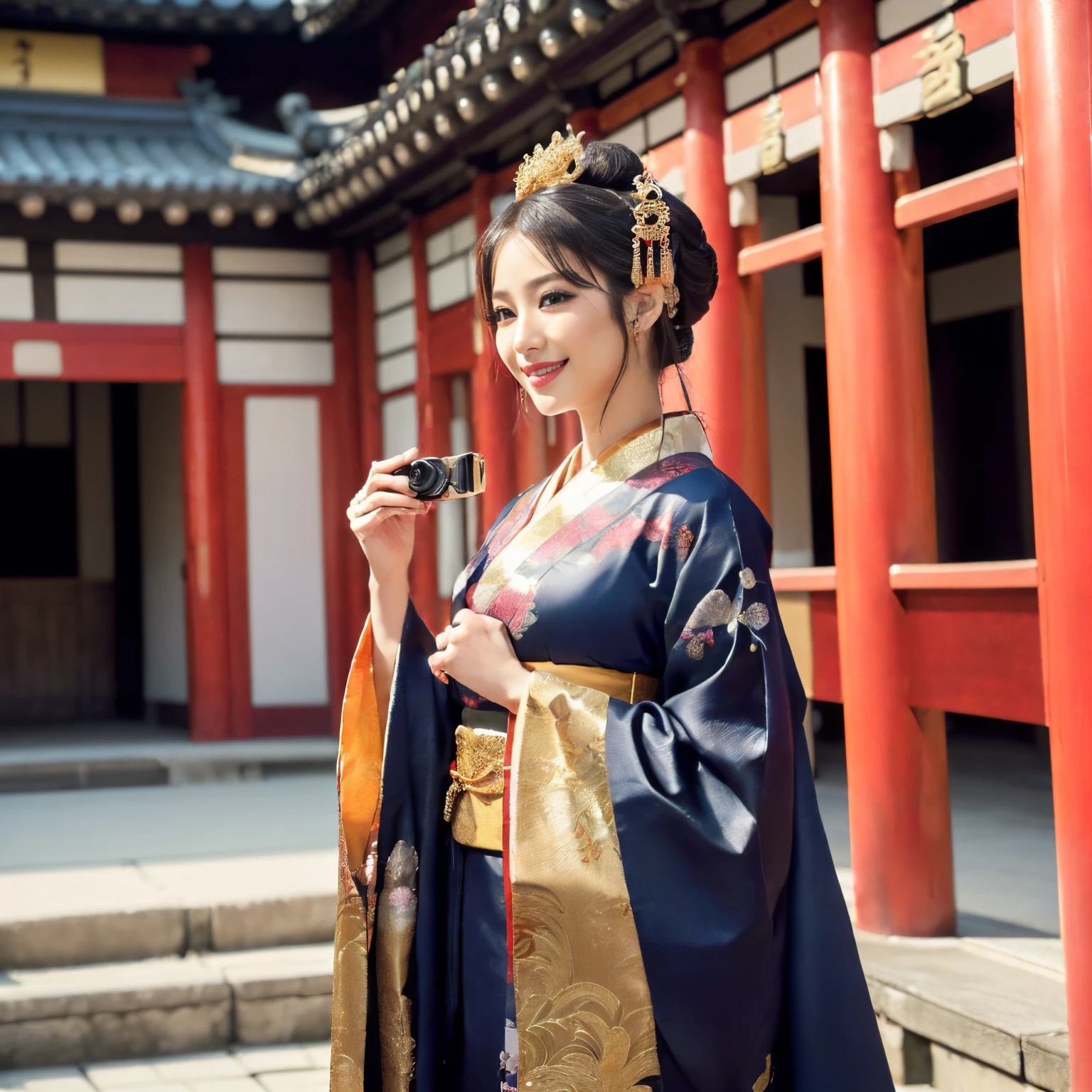 ((top-quality、masutepiece、8K、Top image quality、Very complex and detailed details、Shooting centered on one woman 、a person々a photo of a、bright and vivid photos、a high chroma、1 photo))、((1 Princess、empress、Princess of the Heian period、Princess cut hairstyle、Take photos from up close to her、Mainly female close-ups、Detailed her face、Photographing a single woman、stand in the capital、Take a photo of her from the knees up、gorgeous costumes、花魁、Oiran kimono、Gorgeous courtesan costume))、(((Atmosphere of the Heian period、Beautiful Niwa-lacquered pillars、Golden Palace、Golden decoration、The most luxurious royal palace of the Heian period、Huge and majestic Niwa-lacquered gate、Beautiful and perfect Heiankyo、beautiful and luxurious tiled roof、many luxurious buildings、Lots of buildings、the most luxurious capital、luxurious and luxurious building、A complete reproduction of the gorgeous capital of the Heian period、The perfect capital of Heiankyo、luxury city、Japan in the 800s、Townscape of the Heian period、Heian period、Perfect reproduction of Japan、Heian period)))、(Perfect gas chamber、A smile)