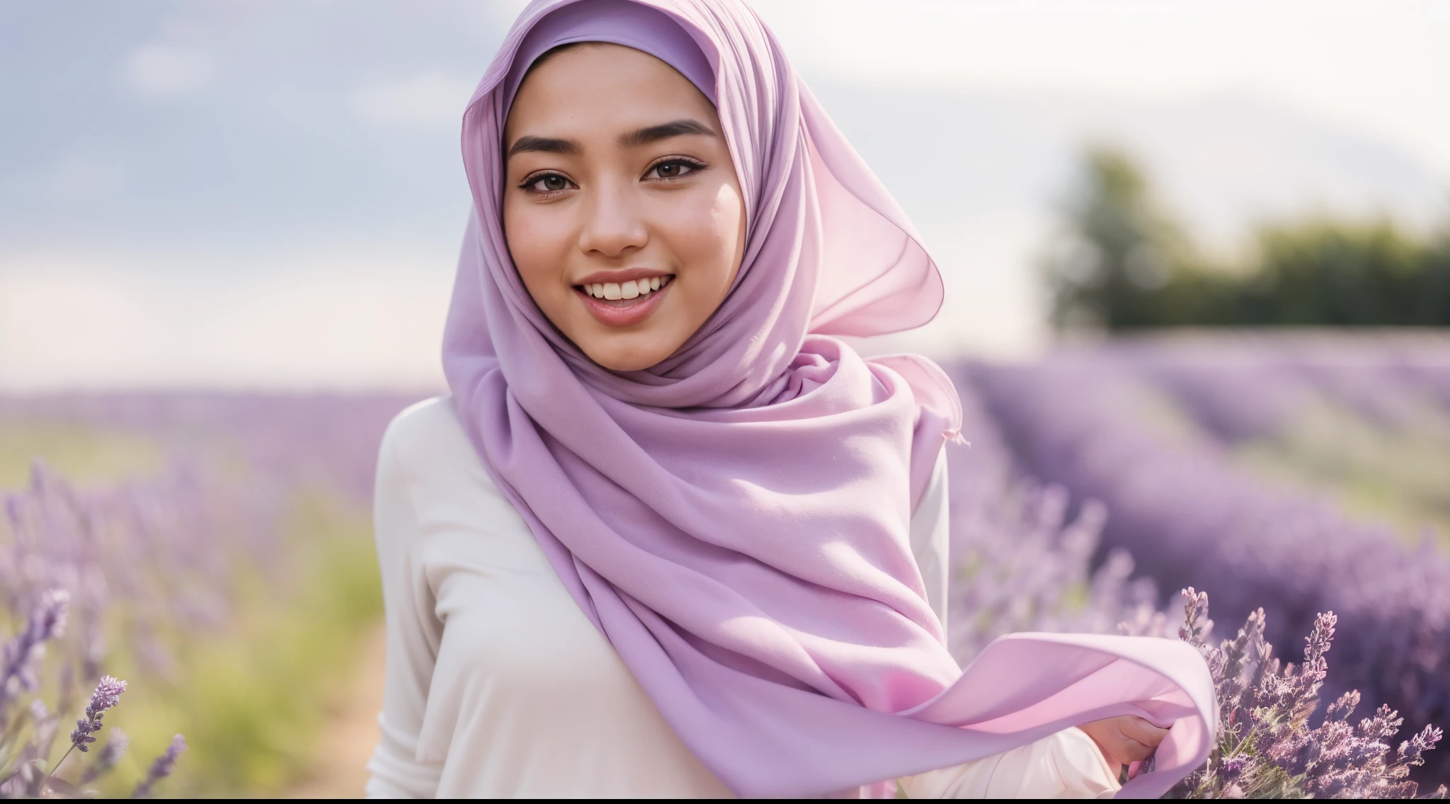 Malay girl in long hijab wear baju kurung, pastel color, walking in Lavender Fields, Provence – France , windy, blown her hijab, front view, detail skin, detail skin texture, mole below eyes, small breast, wide hips, small waist, thick thigh, slim abs, beautiful body, sunrise, laughing, happy, bright lighting, blur background, bokeh, 4k, ultra detail, high quality photo, style raw, pastel color grading, Super 8mm lense, Extreme close-up, Deep Focus cinematography effect