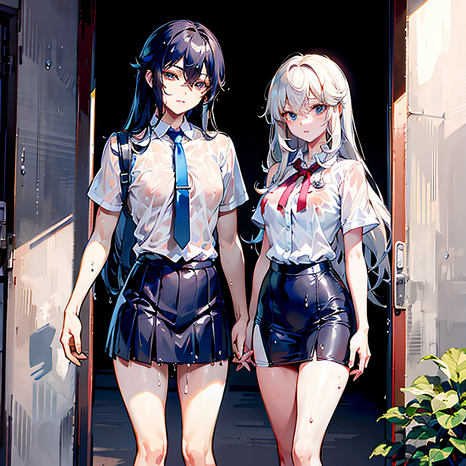 their clothes become transparent,Get wet。The skirts were all soaked,between two people's legs,There is white transparent liquid flowing down the thighs。The cute boy dressed as a girl on the left has small breasts,The nipples can be seen through the clothing,The girl on the right has medium breasts,Breast outline can be seen。On the left, the outline of male genitalia can be seen between the legs of the boy wearing women's clothing.
