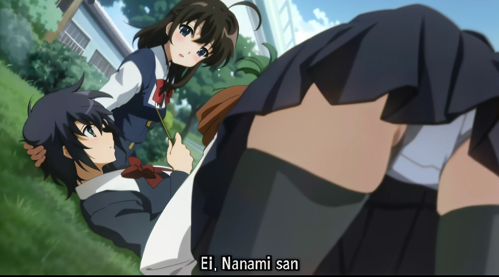 personagens de anime em um campo com uma casa ao fundo, Close Up Iwakura Lain, Iwakura Lain, Close up de Lain Iwakura, screencap anime, Abertura do anime, captura de tela do anime, Close up de Iwakura Lain, Haruhi Suzumiya, Estilo de Tsubasa Nakai, em um anime, Clannad, anime ainda frame
