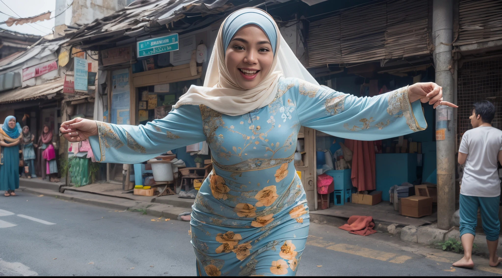 1 malay woman in hijab,((wear tight light blue baju kurung with small floral pattern)),(big buttocks), big round ass, Small chest, laughing smile, (hijab flying), de pele branca,big breasts thin waist, china-style street, Hyper-Realism, Cinematic lighting, depth of fields, From back below, vanishing point, F/2.8,  Anatomically correct, Textured skin, Super Detail, award winning, Best Quality, hight resolution,