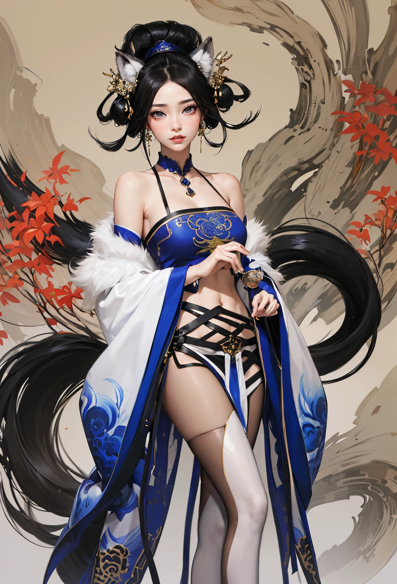 Step into the realm of traditional Chinese art with this prompt showcasing a traditional Chinese ink painting depicting the latest fashion ensemble for the League of Legends character Ahri. The artist's brushstrokes bring to life a blend of Chinese elegance and the mystical elements of a nine-tailed fox. Ahri stands gracefully in a resplendent form-fitting top adorned with intricate patterns, accentuated by wide billowing sleeves that exude elegance. A plush fur collar adds warmth and sophistication, while sleek leggings accentuate her slender figure. The centerpiece of the outfit is a short skirt formed by nine fox tails, symbolizing Ahri's enchanting nature. Ahri strikes a pose against a solid-colored background, her presence commanding attention as her striking beauty and cultural fusion captivate viewers. This traditional Chinese ink painting celebrates the timeless allure of Chinese aesthetics and the allure of Ahri's newest attire. Created by renowned traditional Chinese ink painter Zhang Daqian，((Best quality)), ((Masterpiece)), ((Realistic))，axial symmetry，anatomy correct，