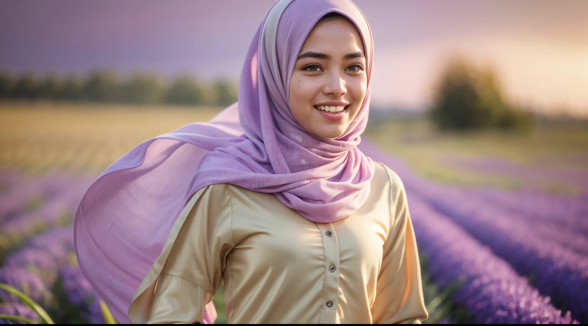 Malay girl in long hijab wear baju kurung, pastel color, running in Lavender Fields, Provence – France , windy, blown her hijab, front view, detail skin, detail skin texture, mole below eyes, small breast, wide hips, small waist, thick thigh, slim abs, beautiful body, sunrise, laughing, happy, bright lighting, blur background, bokeh, 4k, ultra detail, high quality photo, style raw, pastel color grading, Super 8mm lense, Extreme close-up, Deep Focus cinematography effect