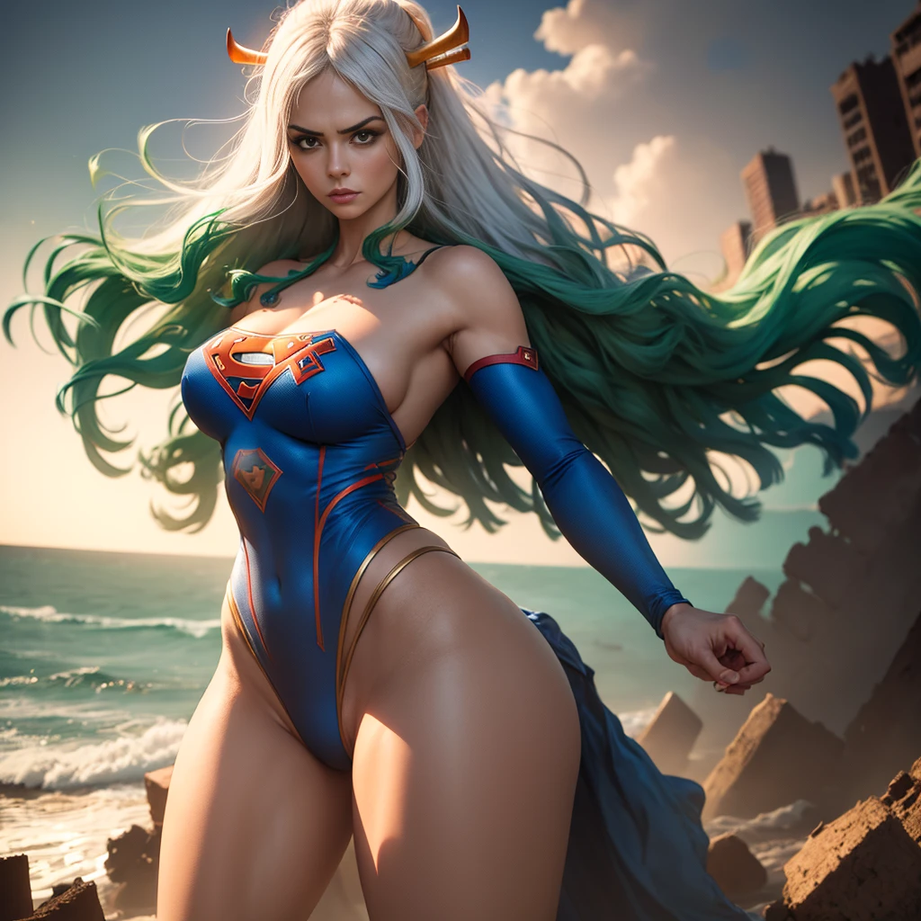 Supergirl, rosto detalhado, (Demon girl) Perfect and symmetrical body proportions, 4k, imagem ultra realista, blue swimsuit, capa vermelha, S do super-homem, super sexy, with a symmetrical and perfect body, peitos grandes, com decote, Cabelos brancos com as pontas verdes claras Longos, cinematographic scene, great lighting, Foto real, foto de dia, Wrecked City, heroic pose