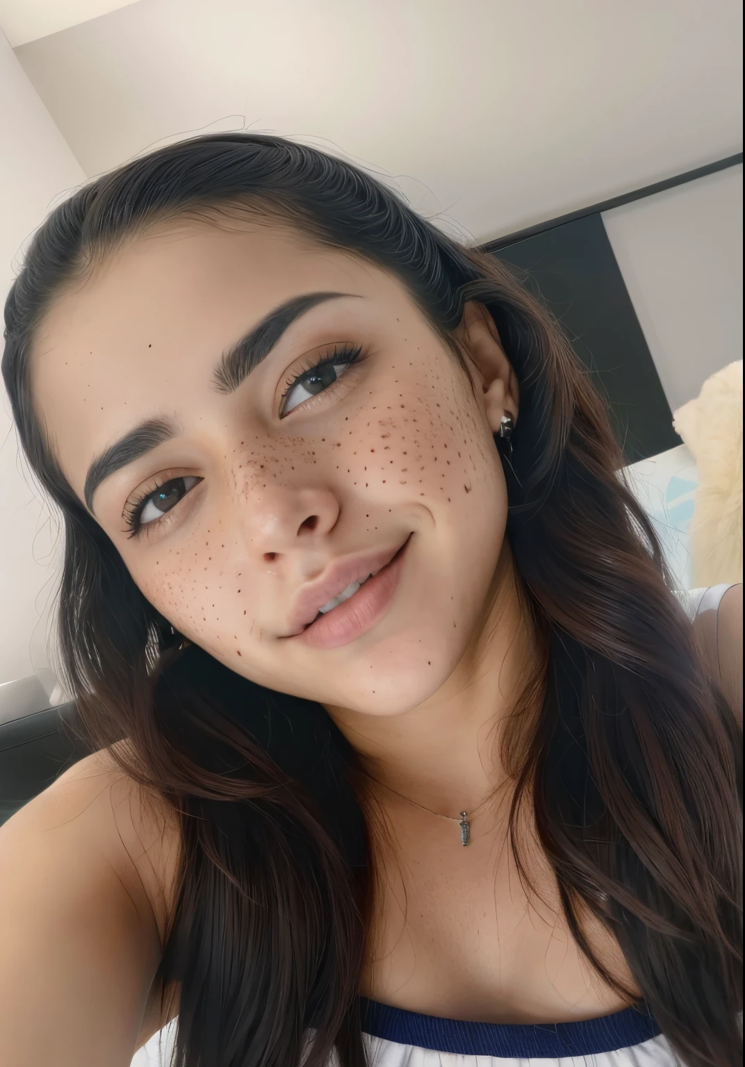 There is a very young girl with freckles on her face taking a selfie, cara sardada, sardas fofas, sardas brancas, sardas no nariz, sardas pequenas, com bochechas rosadas com sardas, Sardas, nariz pequeno com sardas, sardas esparsas, seu rosto ruborizado e suor, sardento, sorrindo, ombros nus, seios pequenos, no banheiro.