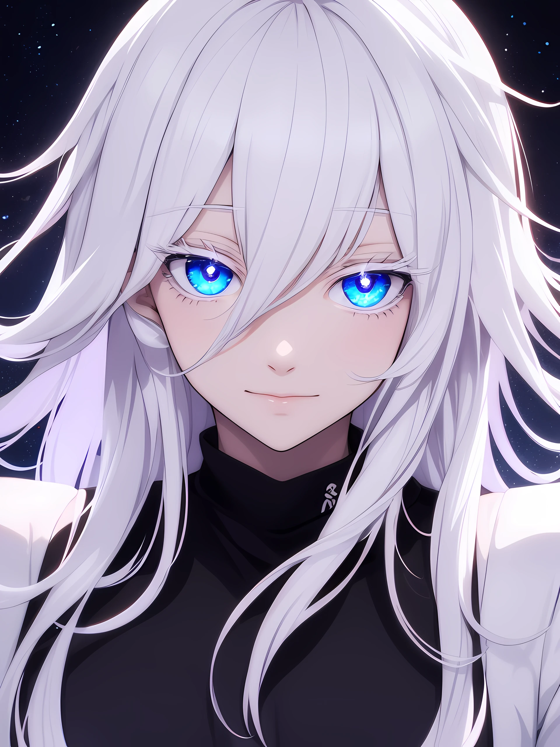 Woman, age 18, white hiar, long hair, white eyebrows, white eyelash, white eyelashes, albino, detailed eyes, glowing eyes, galaxy eyes, wearing black shirt, high quality, 4k resolution, anime