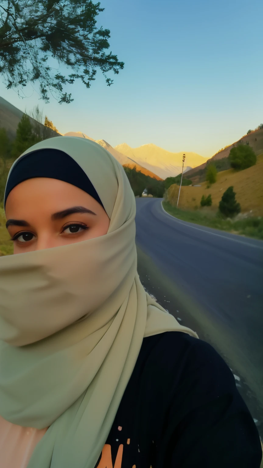 arafed woman wearing a headscarf standing on a road, in mountains, with mountains in the background, with mountains in background, in the mountains, taken on go pro hero8, on a road, hijab, with mountains as background, 8k selfie photograph, moutain in background, wearing a head scarf, selfie of a young woman, during sunset