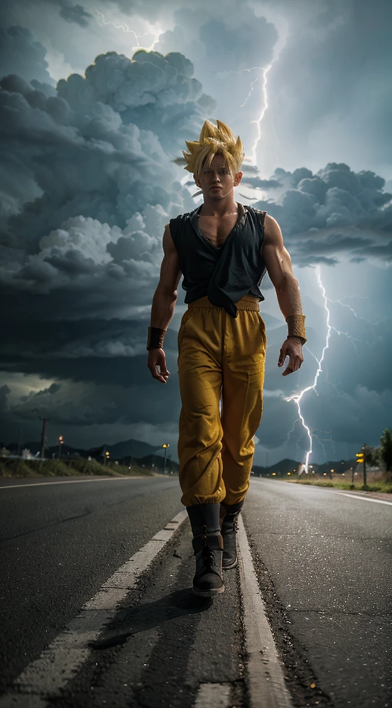 Goku transformed into super Saiyan 6 walking on a road in cloudy weather with yellow lightning around him and very bright thunder