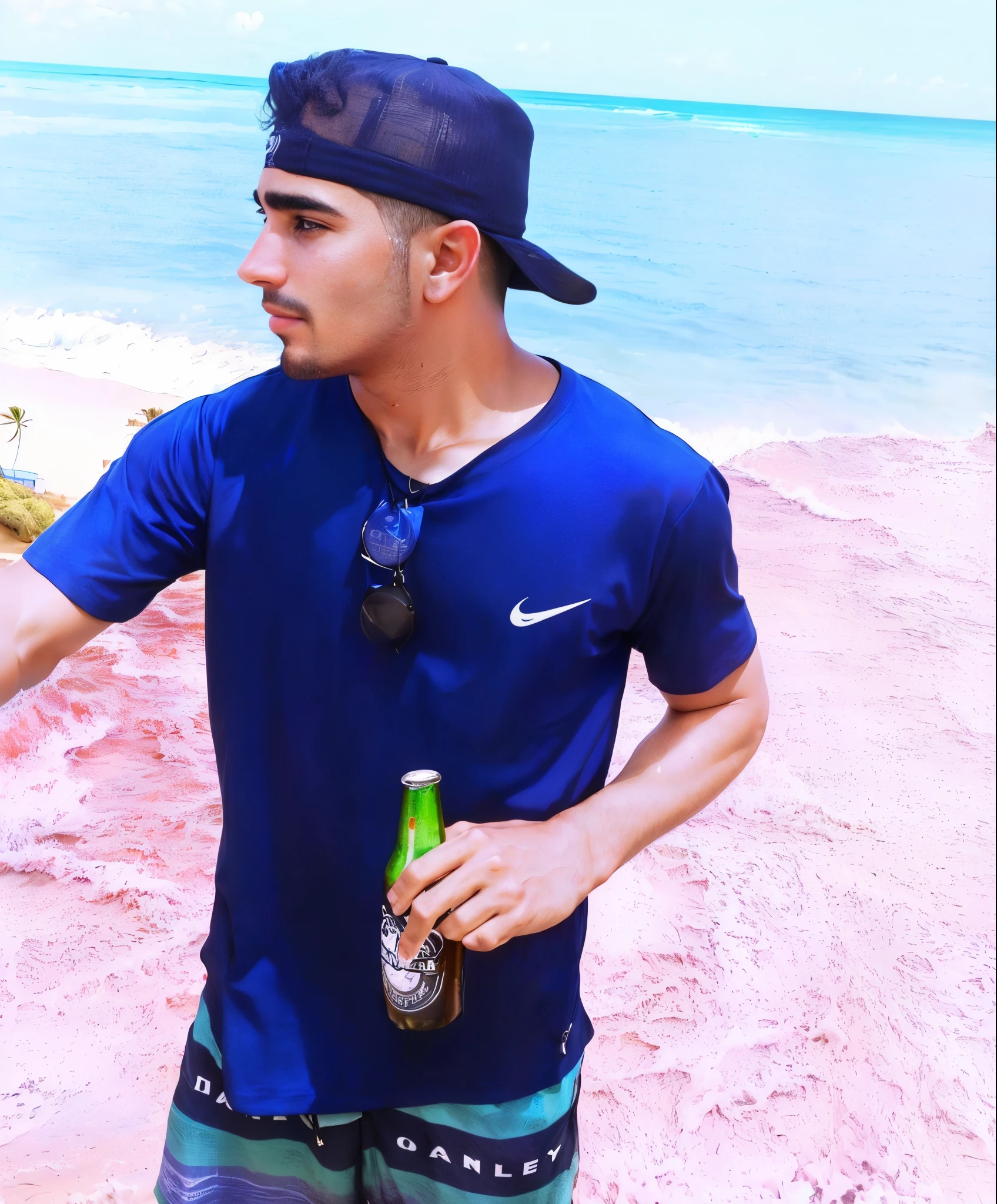There's a man standing on the beach holding a beer, Estilo Mohamed Chahin, O oceano ao fundo, posando em uma praia com o oceano, oceano ao fundo, com uma bebida, potrait de corpo inteiro segurando garrafa, caio santos, na praia, standing at the beach, taken in the early 2020s, Nick Silva