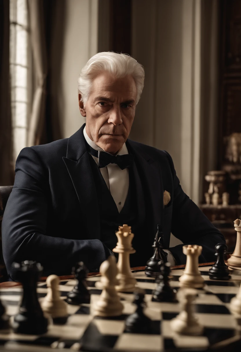 A photo of Logan having a high-stakes chess match with a formidable opponent,original,Logan Roy, the fictional patriarch in “Succession,” possesses a commanding presence, characterized by his tall stature, sharp suits that speak to his power and wealth, and an often stern, unyielding facial expression. His aging appearance, marked by a full head of white hair and a penetrating gaze, adds to his intimidating demeanor.