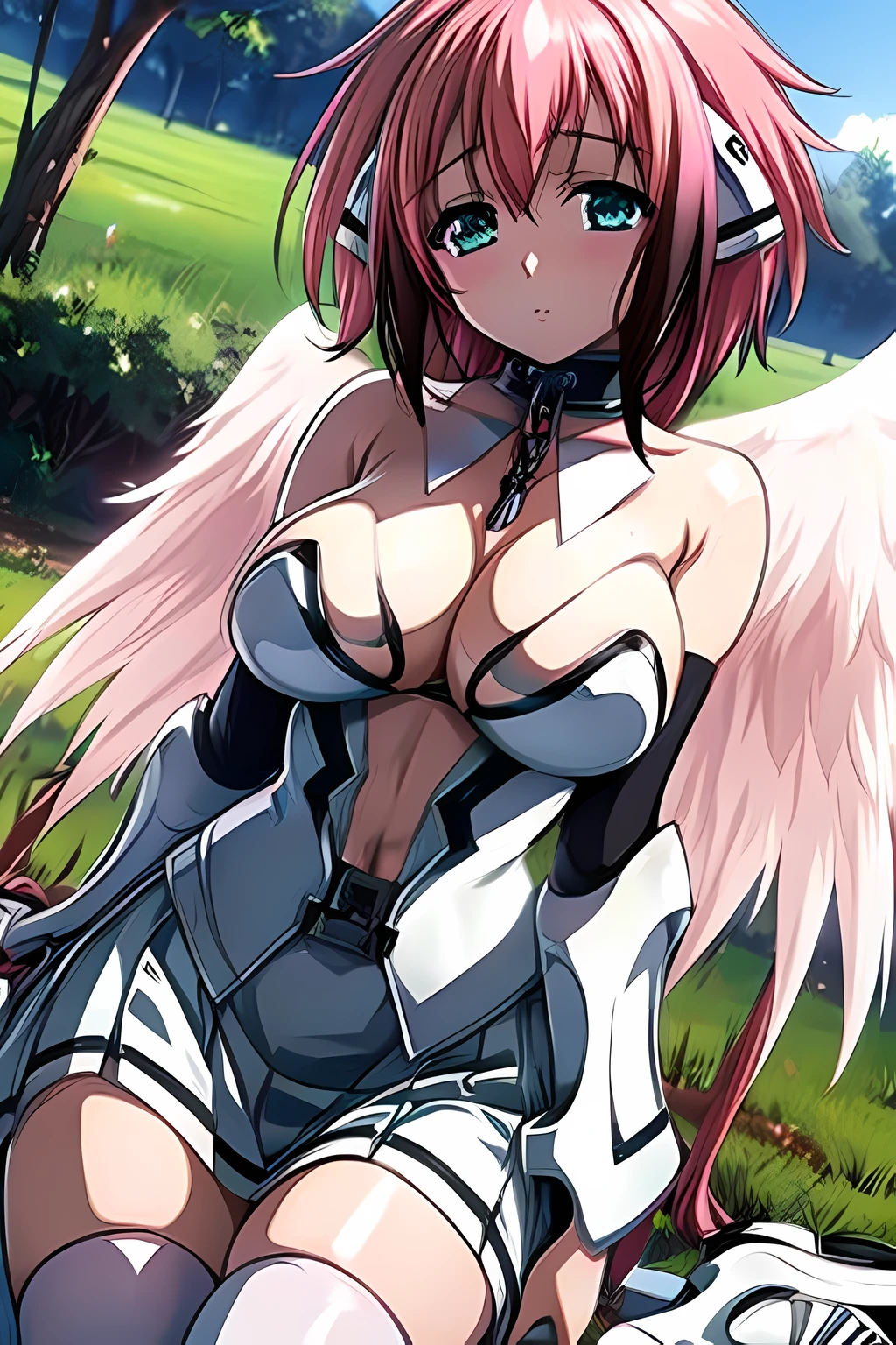 (masterpiece, best quality, ultra-detailed), 1girl, Ikaros, pink hair, esmerald eyes, big breast, soft smile, collar, white armor, white and black skirt, looking at viewer, grass, trees, bedroom, standing, bellow view