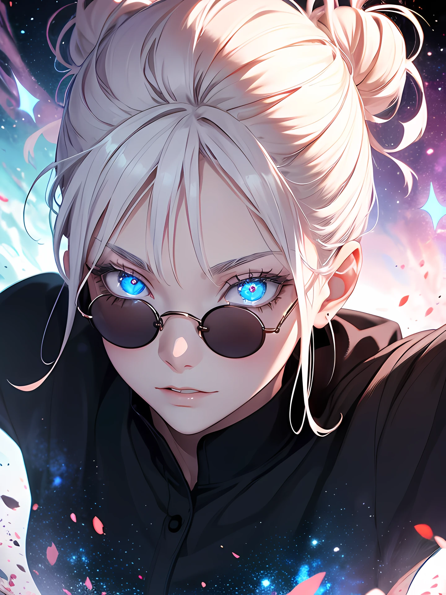 Woman, age 18, white hiar, hair bun, wears round sunglasess, white eyebrows, white eyelash, white eyelashes, albino, detailed eyes, glowing eyes, galaxy eyes, wearing black shirt, high quality, 4k resolution, anime