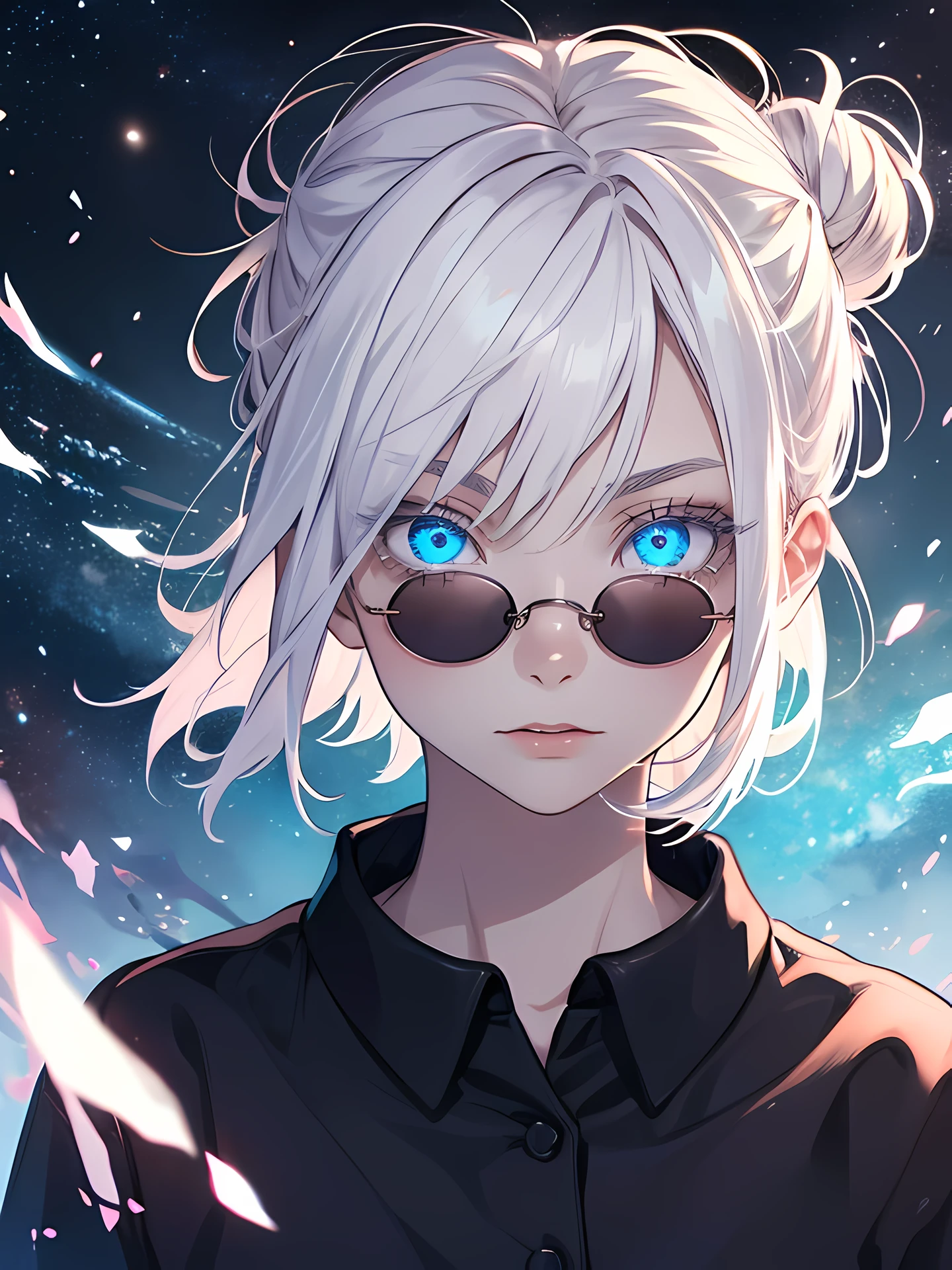 Woman, age 18, white hiar, hair bun, wears round sunglasess, white eyebrows, white eyelash, white eyelashes, albino, detailed eyes, glowing eyes, galaxy eyes, wearing black shirt, high quality, 4k resolution, anime