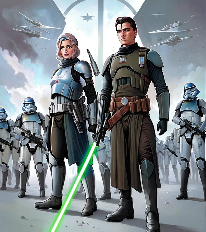 Guerra nas Estrelas, the cloners are in front of a line of soldiers, Donato Giancola e Tom Bagshaw, Guerra dos Clones de Star Wars, Guerras de Clones, Clones, full-colour illustration, de Star Wars Legends, sem texto, Jedi, with young jedi army behind him, Charlie Bowater e Mark Brooks, epic full color illustration, arte promocional, color digital illustration