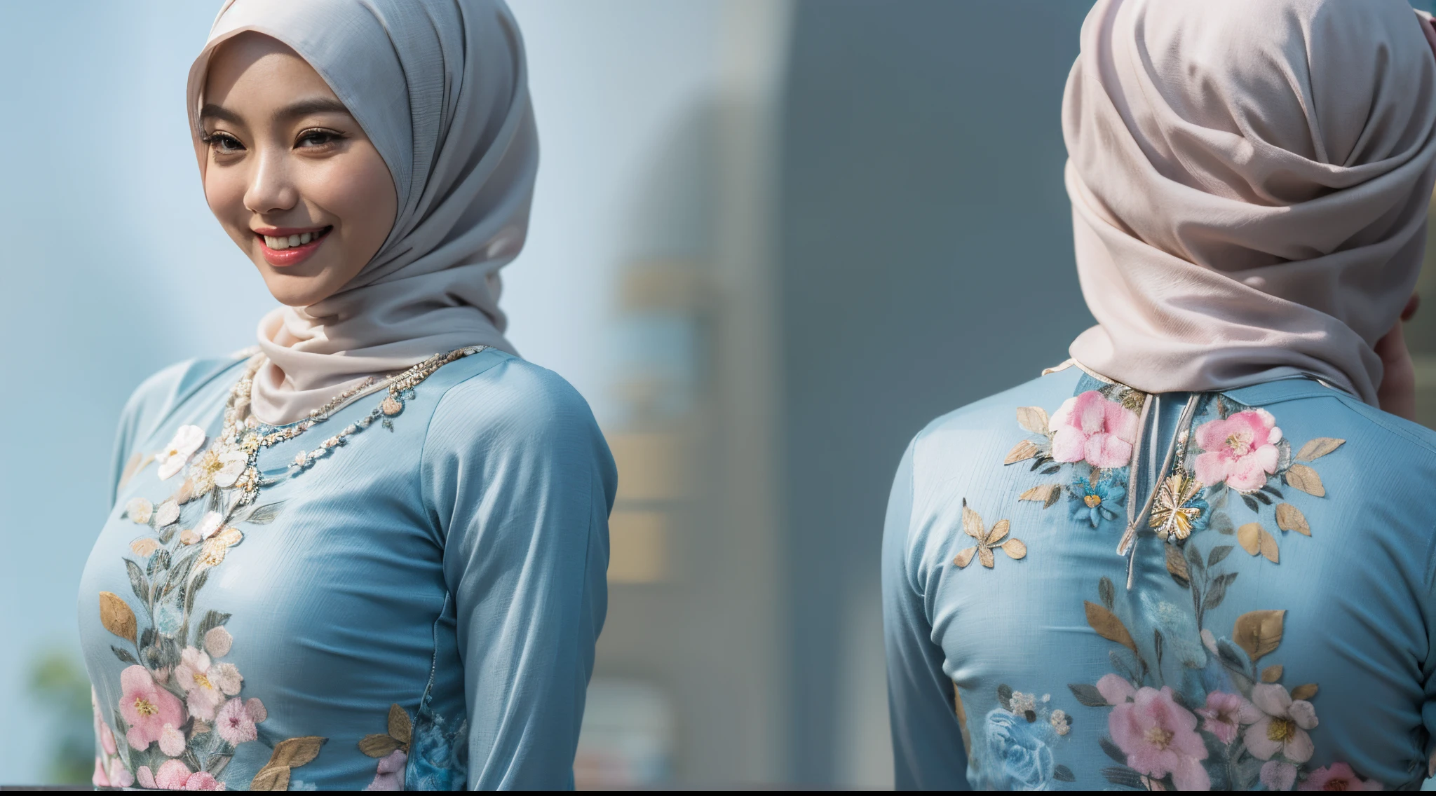 1 malay woman in hijab,((wear tight light blue baju kurung with small floral pattern)),(big buttocks), big round ass, Small chest, laughing smile, (hijab flying), de pele branca,big breasts thin waist, china-style street, Hyper-Realism, Cinematic lighting, depth of fields, From back below, vanishing point, F/2.8,  Anatomically correct, Textured skin, Super Detail, award winning, Best Quality, hight resolution,