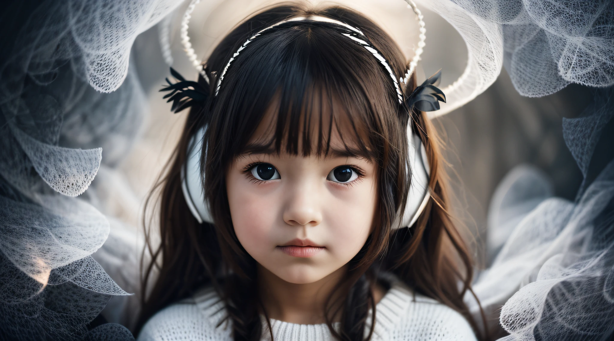 CHILD girl with long hair wearing a white sweater and muffled black ears. halo of fire