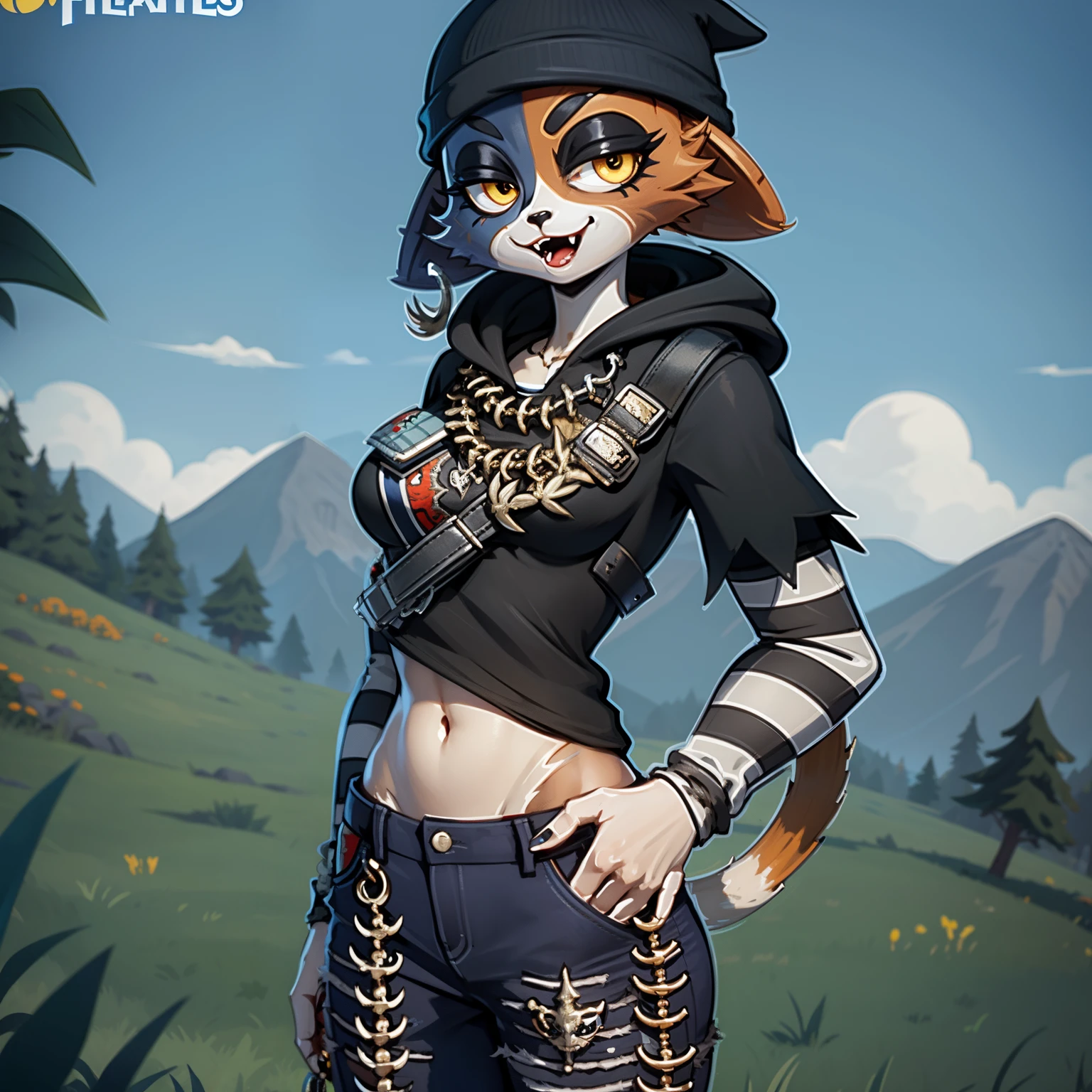 (best quality, masterpiece:1), solo, (shaded face:1.2), furry female anthro meowskulls, (noseless:1.3), standing, hands in pocket, tail, smile, looking at viewer, open mouth, bandolier, necklace, wallet chain, wide-eyed, beanie, black hoodie, striped sleeves, black jeans, fish hook piercing, (grass dirt background background:1.1),fortnite, wide hips, belly Button, navel, fangs, Black nose
