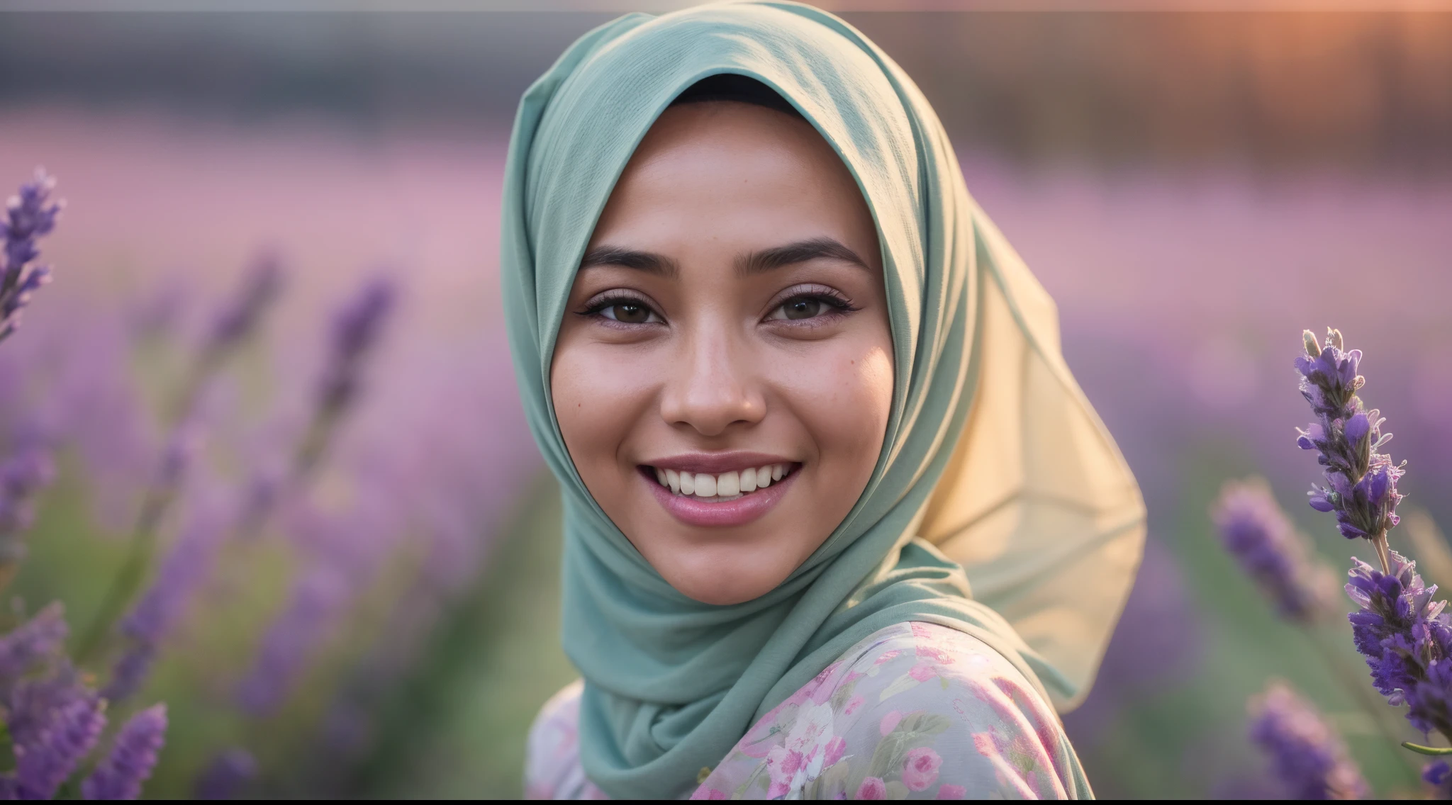 Beautiful Hijabi Woman with smile appearing from colorful flowers, wet, dewdrops, cinematic lighting, photo realistic, by karol bak