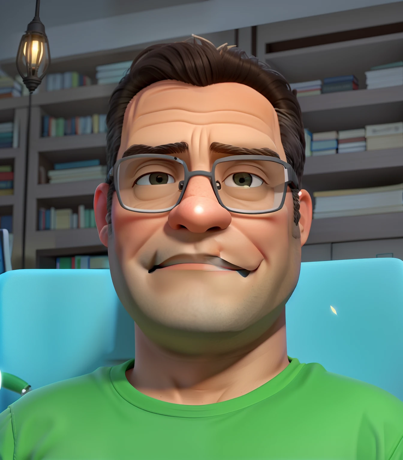 A young 47 year old man sitting in his office, illuminated by the light of a lamp, contra o pano de fundo de uma estante de livros