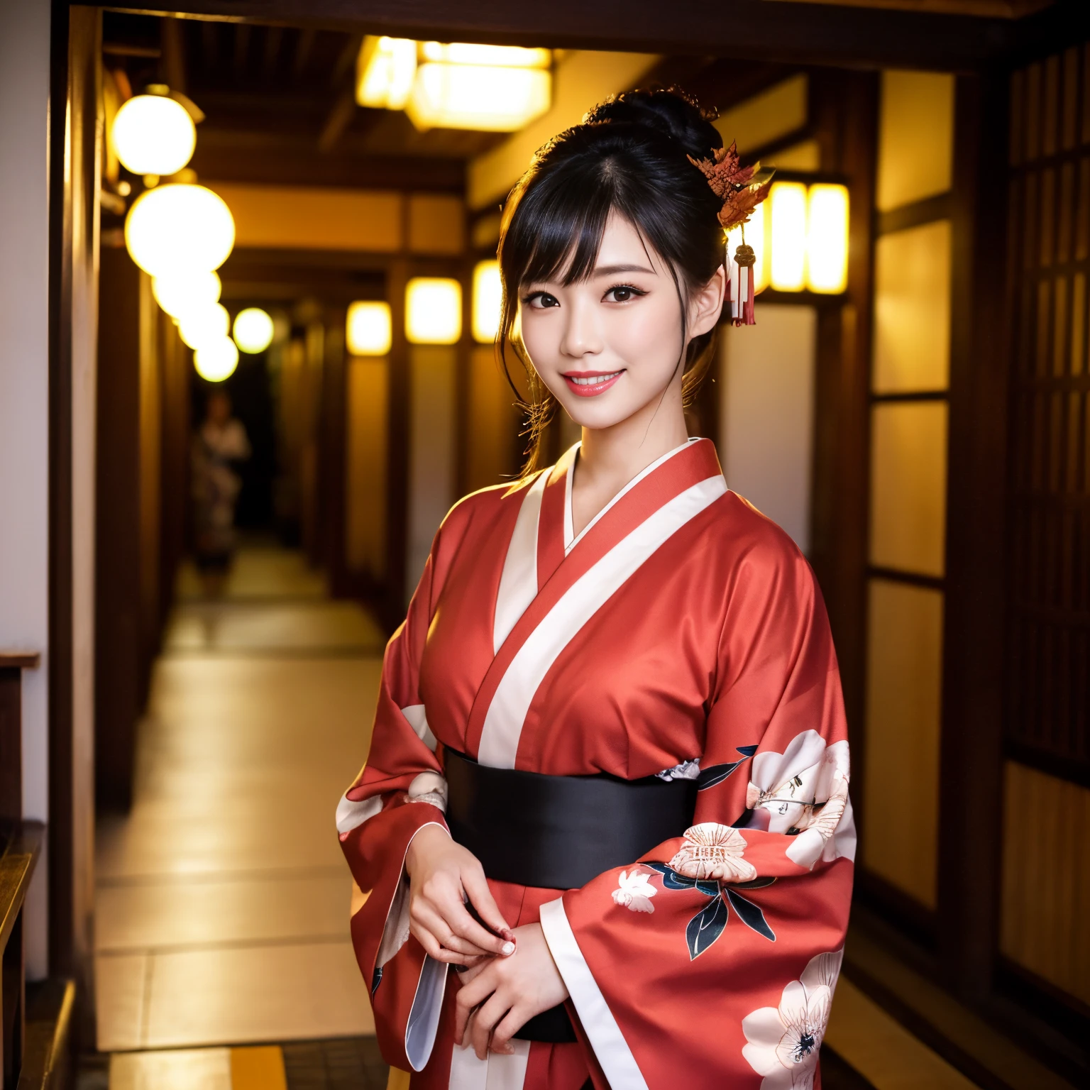 ((top-quality、masutepiece、8K、Top image quality、Very complex and detailed details))、(((large group of beautiful women、Kimono beauties gather together、Group of multiple beauties、Group of beautiful women wearing kimono、Crowd of tens of thousands of beautiful women)))、Oiran kimono、Oiran kimono、Gorgeous and luxurious kimono、Vibrant and gorgeous courtesan kimono、accurate courtesan kimono、Gorgeous courtesan kimono、The background is the garden of a luxury hot spring inn.....、Smile at the camera、Photo from the waist up、((、Red autumn leaves、Autumn foliage))、Japanese garden、(hot onsen)、1 lantern、(Corridor of the inn、Japanese-style ryokan)、Midnight、murky、red lipsticks、long eyelashes、Perfect makeup、a dark night、naked and wearing only a kimono、A detailed face