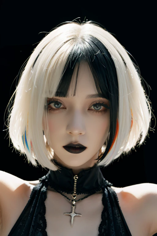 1girl,solamente, Parte superior del cuerpo,Mirando al espectador, fondo blanco, Bob Cut, pelo corto, cabello multicolor, maquillaje , labios separados, labios negros, delineador, Gothic, goth girl