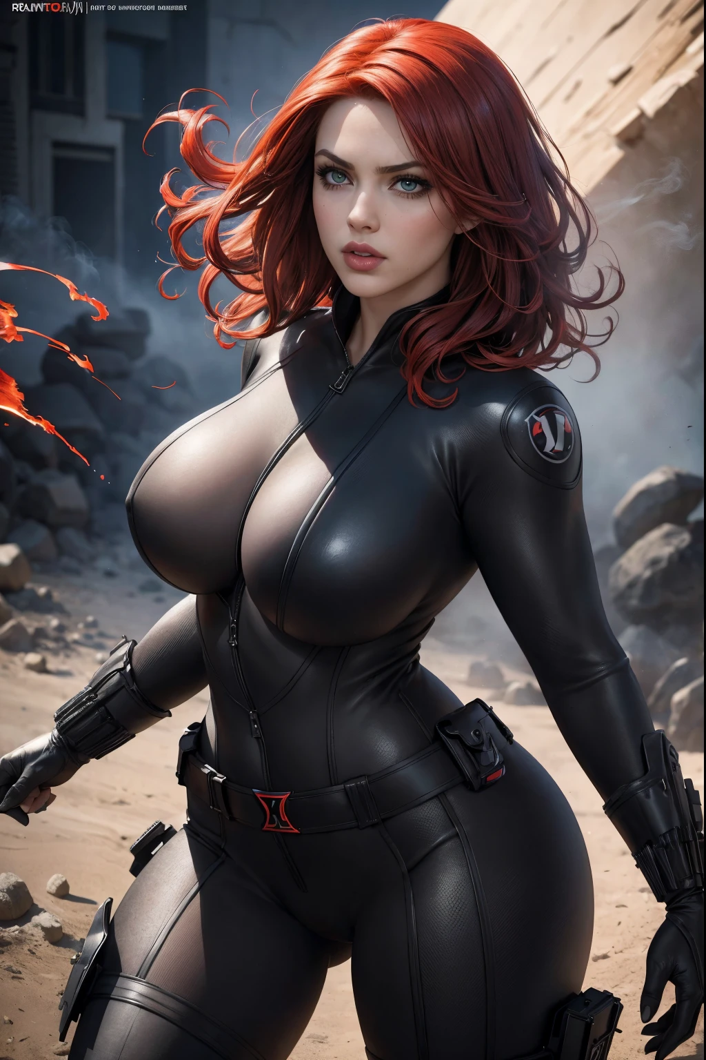 (best quality,4k,8k,highres,masterpiece:1.2),ultra-detailed,(realistic,photorealistic,photo-realistic:1.37),black widow,sexy,dangerous,beautiful detailed eyes,beautiful detailed lips,longeyelashes,bold and intense gaze,curvaceous figure,skin-tight black leather suit,glamorous,confident expression,fierce and powerful stance,mysterious aura,red hair flowing in the wind,Dramatic lighting,high contrast,highly saturated colors,shadows and highlights,comic-book style,action-packed scene,smoke and sparks surrounding her