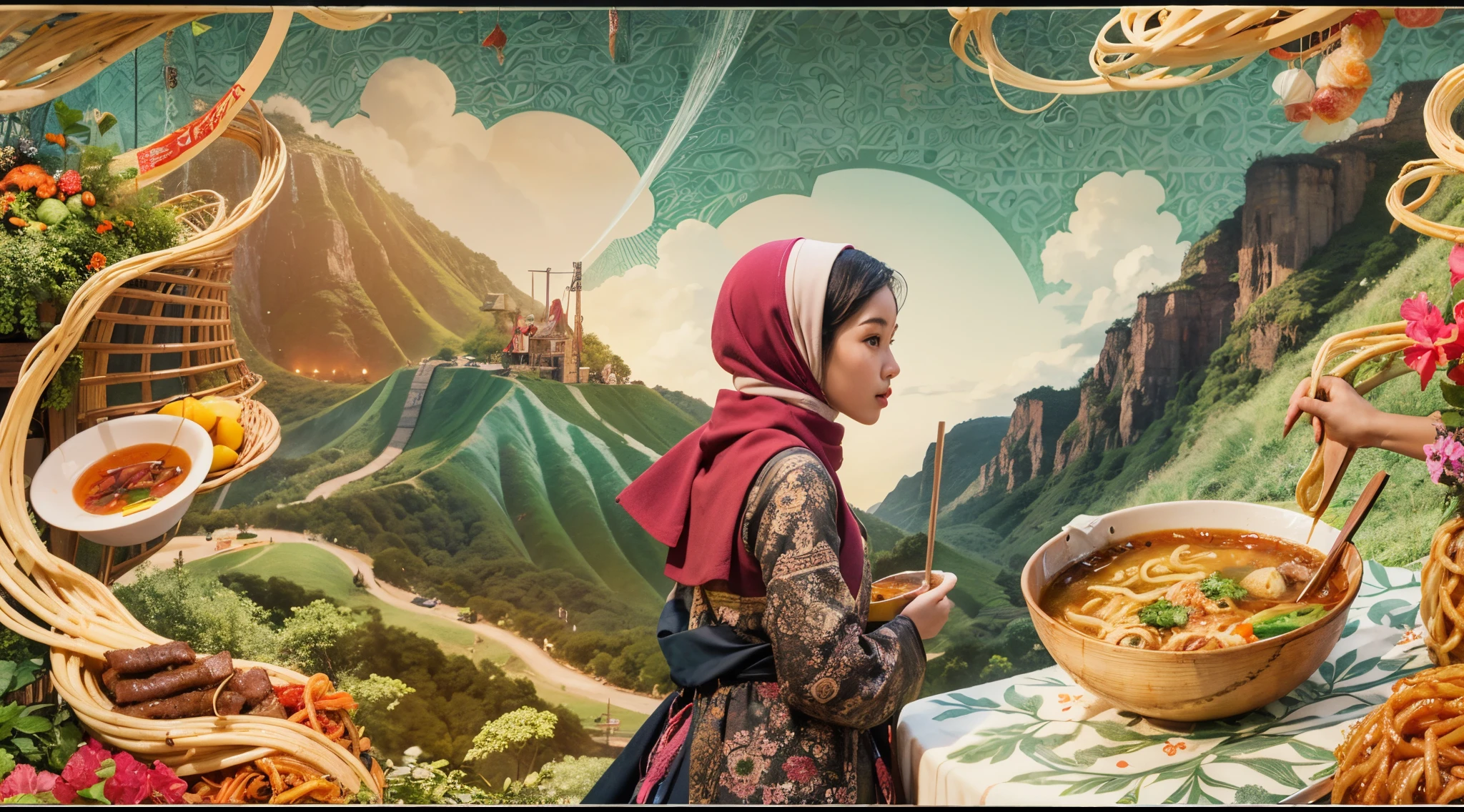 Craft an adventurous advertising poster for a ramen product. Picture a vibrant scene with a Malay girl in hijab exploring a ramen wonderland. Make the noodles come to life in a visually stunning and appetizing way