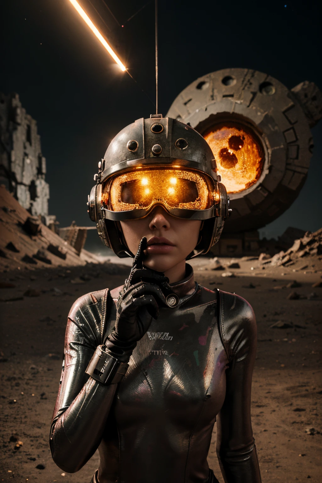 A Modern flat toon Crazy whit a Big ONE a Only Eye Robot and helmet Style, tongs in hands, Tv head, pinhead, camouflage PINK Rusty, Ambient in a meteorite crater super detailed, center, beautiful, soft lighting, focused on the character, 4K resolution, photorealistic rendering,