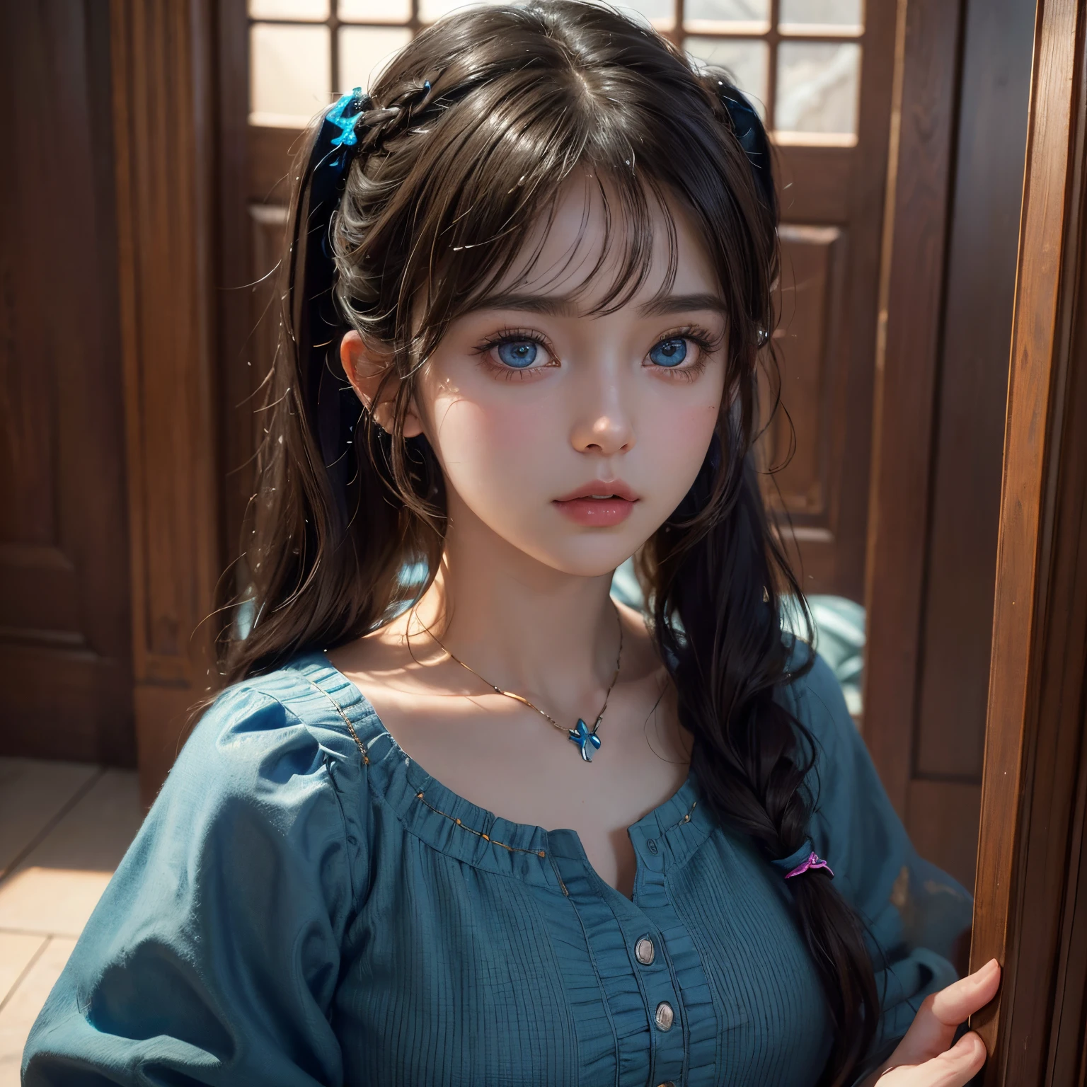 (Closer portrait) 1beautiful girl, dark brown hair with bangs, two pigtails, azure blue wide eyes, rosy cheeks, in door, intricate ornaments, realistic, dynamic poses, tranquil, indoor, cinematic lighting, trending on ArtStation, by Irakli Nadar, Greg Rutkowski,(((best quality))),(((ultra detailed))),(((masterpiece)))
