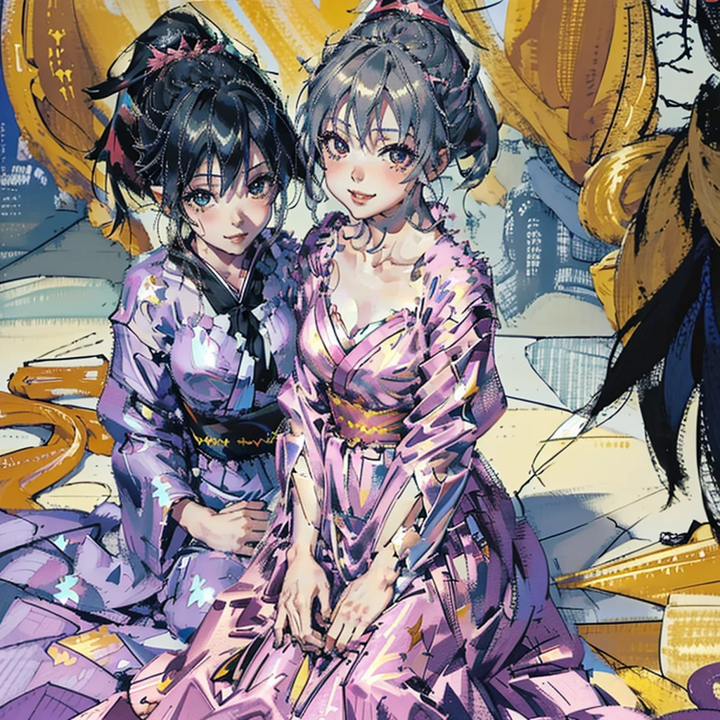 Absurd resolution, High resolution, (masutepiece: 1.4), super detailed, (((Detailed face, Detailed expression)), Two girls, Girls and girls, Friends, Best friends, classmates, relax, Ponytail, bobhair, sitting on a bed, Sitting on the floor, Two people talking, The background is inside the room, Friends, best friend, Home, 1k, Small room, drapes, bed, DVR, desk work, sweets, Talk about your trip with friends, gather, Fun, Smile, room wear, Kyoto Animation, Atmosphere of Kyoto Animation, Glitter, brilliance,
