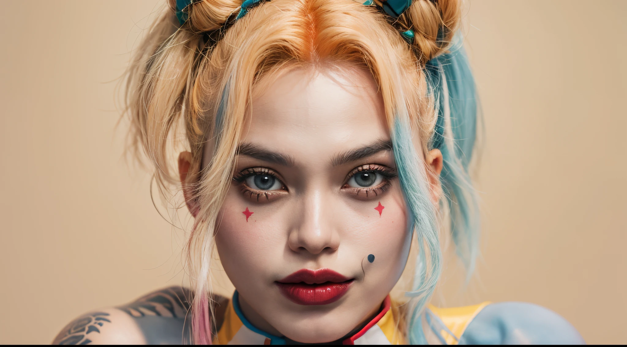 Vogue style photo shoot of malay age girl as character HARLEY QUINN from the movie The Suicide Squad with pastel colored background in Wes Anderson style, hyper - realistic photography, Wes Anderson style, full body, 8k, close - up shot, extreme close - up photo