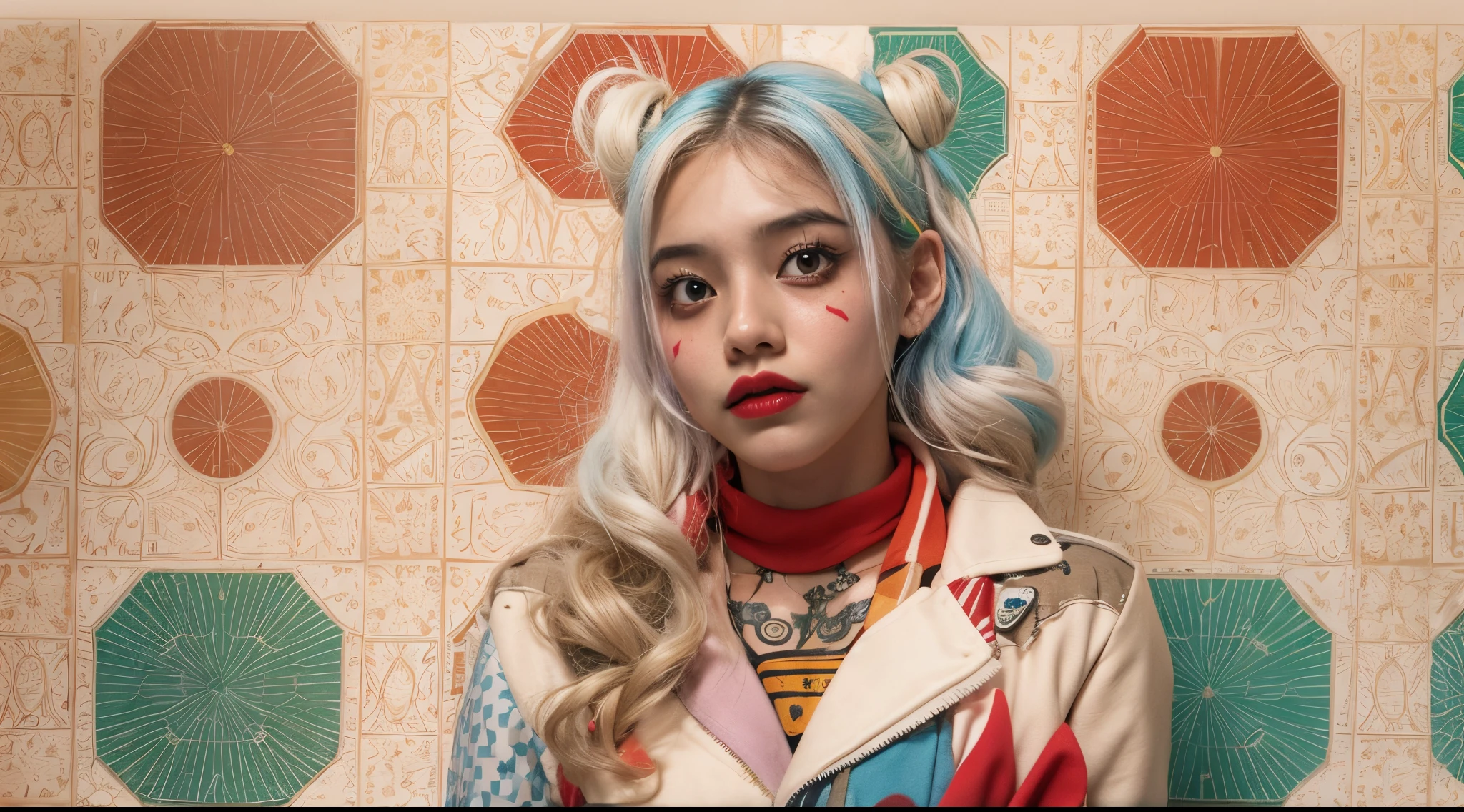 Vogue style photo shoot of malay age girl as character HARLEY QUINN from the movie The Suicide Squad with pastel colored background in Wes Anderson style, hyper - realistic photography, Wes Anderson style, full body, 8k, close - up shot, extreme close - up photo
