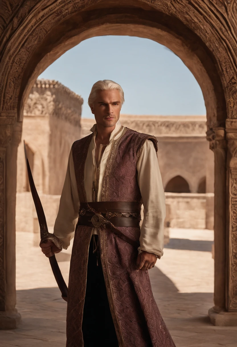 Aemond Targaryen standing in the courtyard, holding a training whip and directing Vhagar in aerial maneuvers,Dance of the Dragons,[Prince Aemond Targaryen; Appearance=medieval regal attire, expensive fabrics, impeccable taste, wears dark colours, casual attire only in private, wears a leather eyepatch over left eye. Facial features=strong and prominent jawline, straight nose, full lips with defined cupids bow, one violet eye (right), scar from left eyebrow to left cheekbone, missing left eye replaced by blue sapphire. Body=Tall, lithe, defined muscles, broad shoulders and chest, long torso, small waist, long legs, tight round arse, long thick uncircumcised cock. Hair=Long, straight, platinum, silver. Hands=Large, veiny, long elegant fingers.]