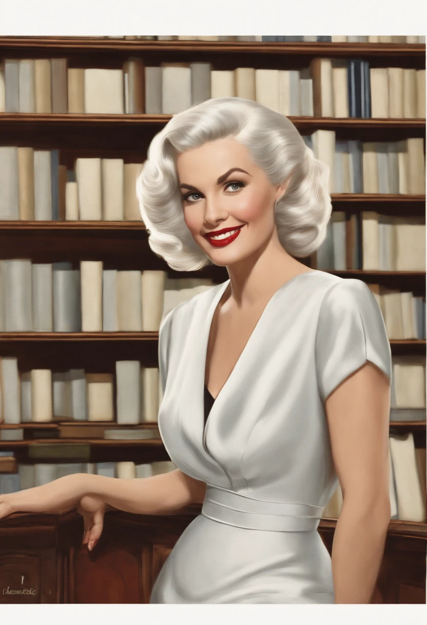 A close-up shot of Vivian holding up a copy of the latest bestseller, with a mischievous glint in her eye and a playful smirk on her lips.,original,Vivian Hawthorne, the master librarian at the New York City Public Library, is a picture of elegance and intelligence. In her mid-fifties, she has sharp, observant eyes that miss nothing, framed by silver-streaked hair often pulled back in a sleek bun. Her attire is always classic and impeccable, befitting the grandeur of the library’s halls which she navigates with a poised grace.