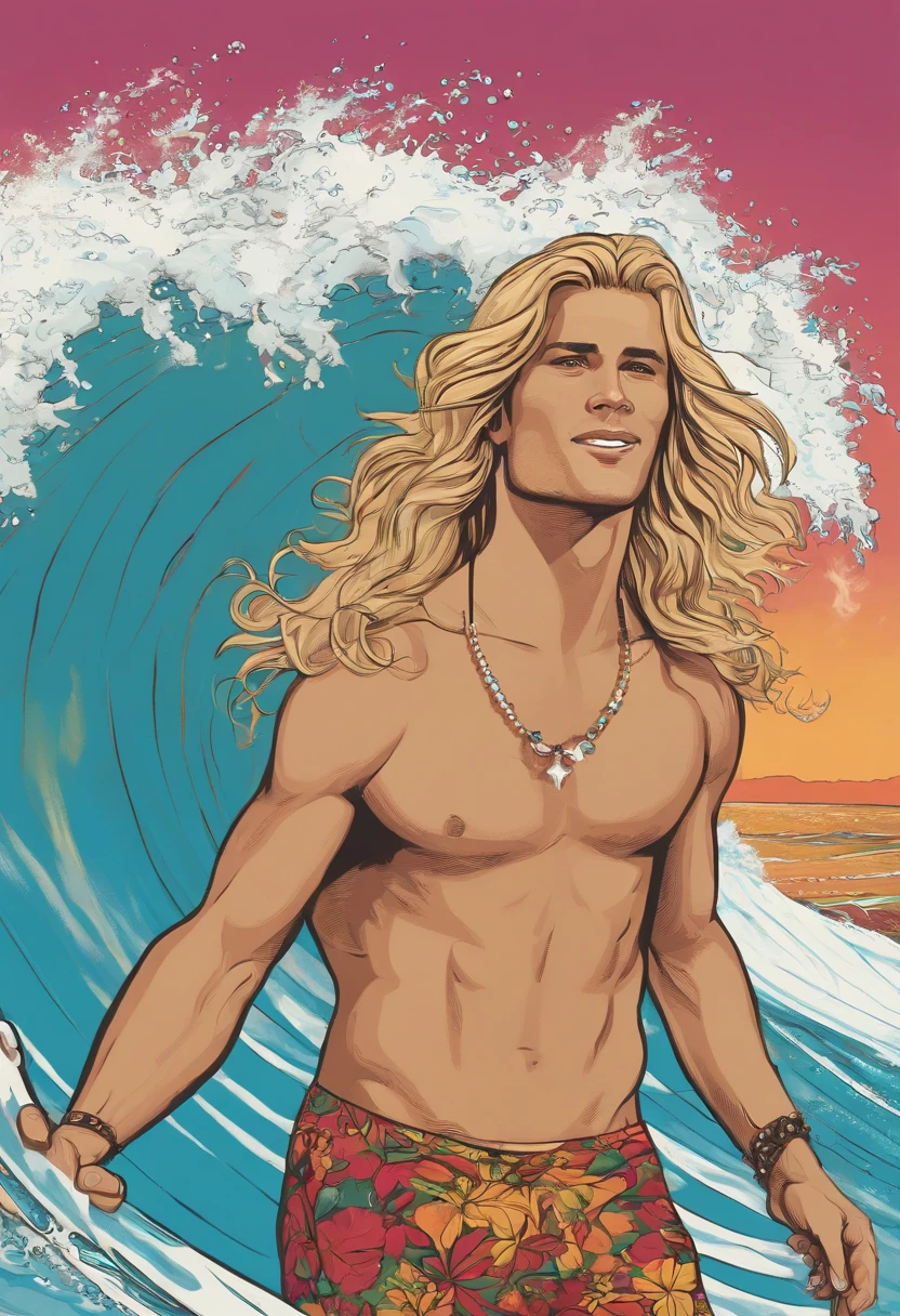 SurferBro doing a bottom turn on a macking wave,original,SurferBro has long blonde hair, mid twenties, tan skin, and drop dead handsome. He only wears board shorts and a puka shell necklace
