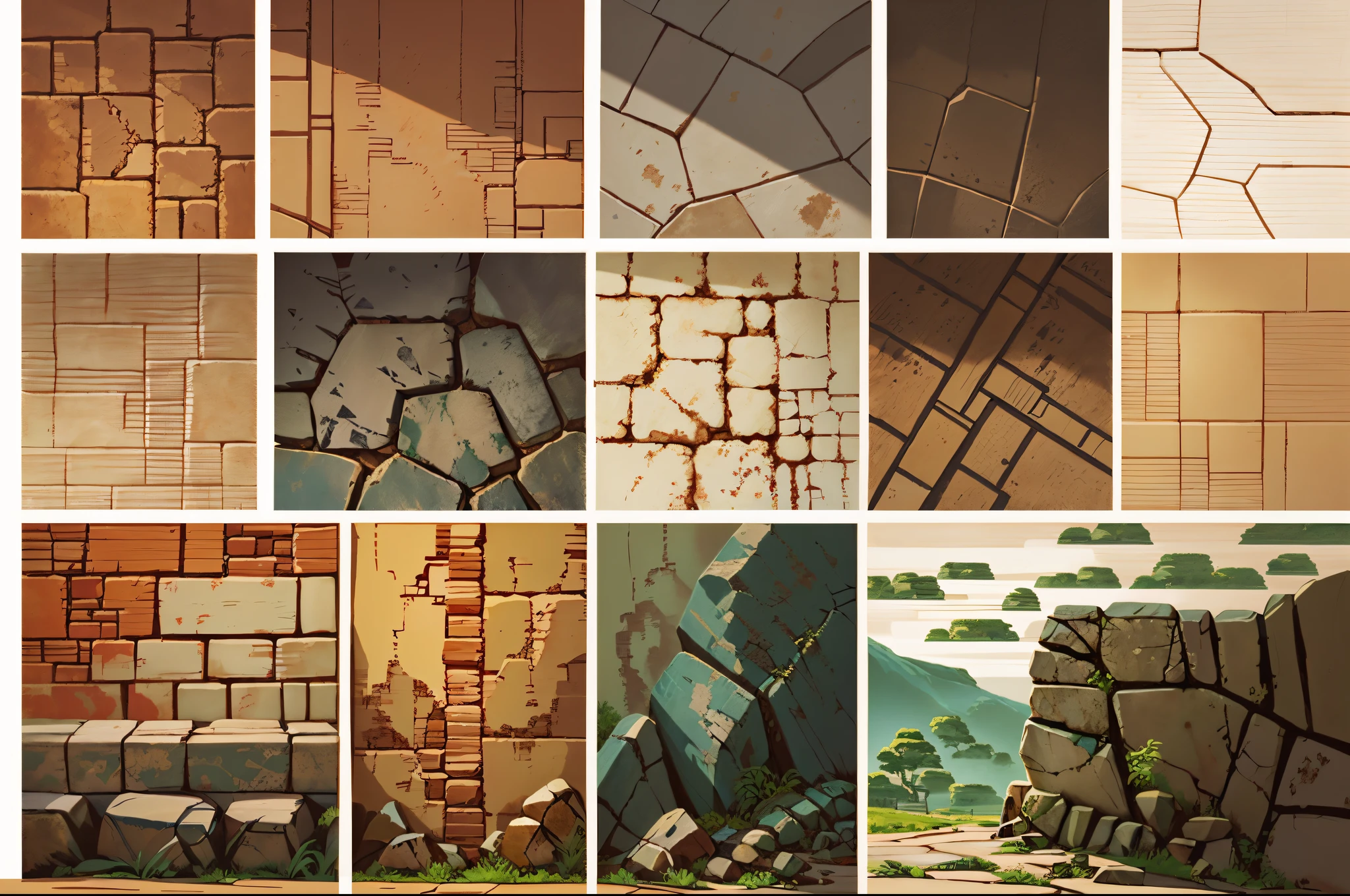 a close-up of individual and separated textures that serve as an asset and graphic resource for a 2d video game different tileable tile set textures of rocks, Estructuras rocosas altamente detalladas, Texturas pintadas a mano, Textura del juego 2d asset game, Texturas estilizadas pintadas a mano, various origins, mapas de texturas pintadas, Texturas estilizadas, Textura de videojuegos, textura de juego perfecta, texturas de desarrollo, Texturas de alta calidad, texturas en capas estilizadas, diferentes texturas y materiales, Texturas realistas, separadas fondo blanco