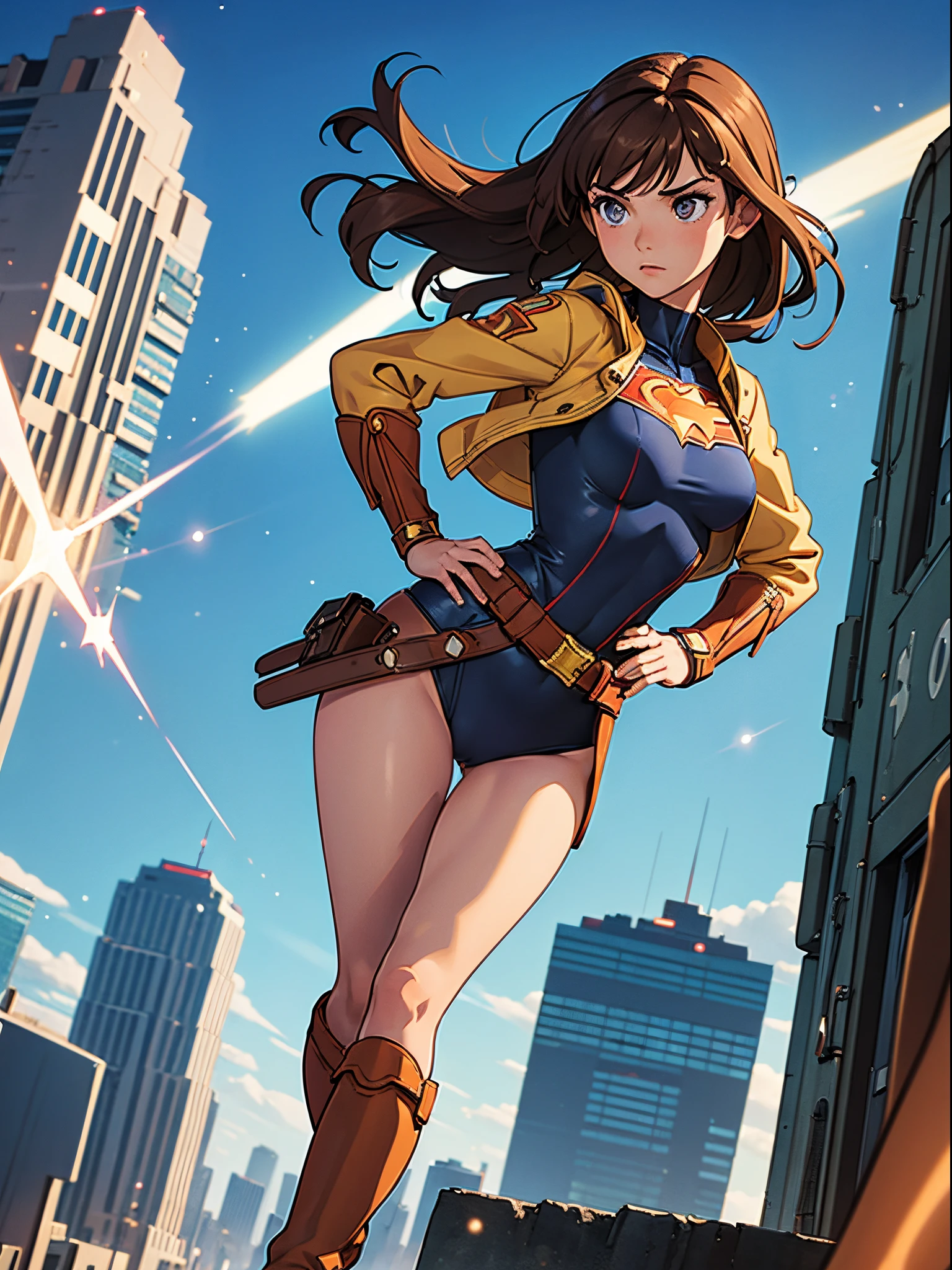 masterpiece, best quality, 1girl, superhero, leotard, bare legs, knee boots, matching boots, heroic, city backdrop, standing, body infused with energy, light particles, solo, single, cowboy shot, perfect anatomy, hand on hip, brown hair, beautiful detailed eyes, belt